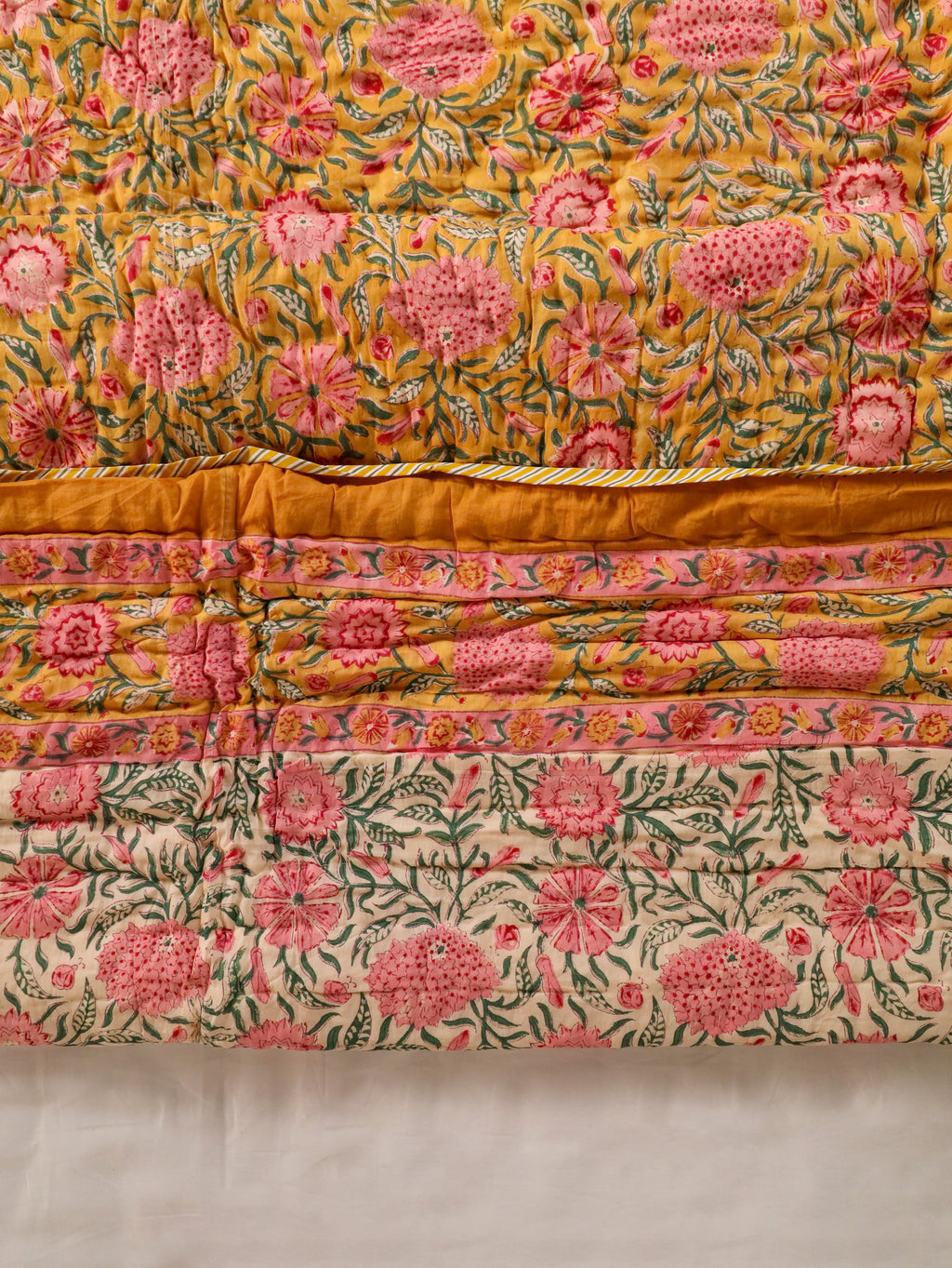 MUSTARD FLORAL GARDEN HAND BLOCK PRINT REVERSIBLE COTTON QUILT/RAZAI