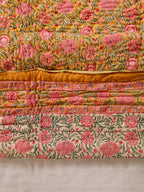MUSTARD FLORAL GARDEN HAND BLOCK PRINT REVERSIBLE COTTON QUILT/RAZAI