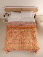 MUSTARD FLORAL GARDEN HAND BLOCK PRINT REVERSIBLE COTTON QUILT/RAZAI