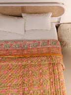 MUSTARD FLORAL GARDEN HAND BLOCK PRINT REVERSIBLE COTTON QUILT/RAZAI