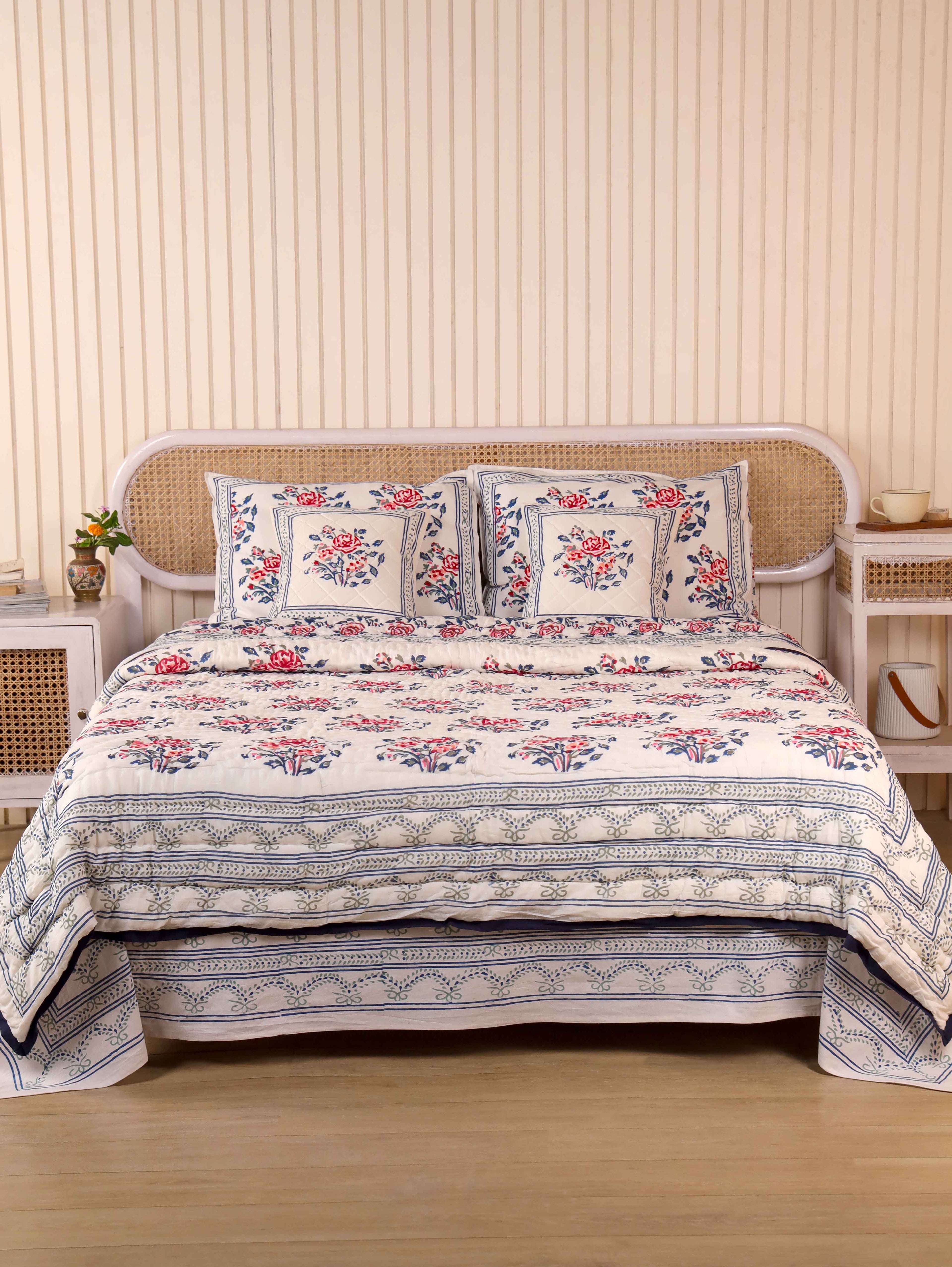 BLUE ROSELAND HAND BLOCK PRINT 6-PICES BEDDING SET'S