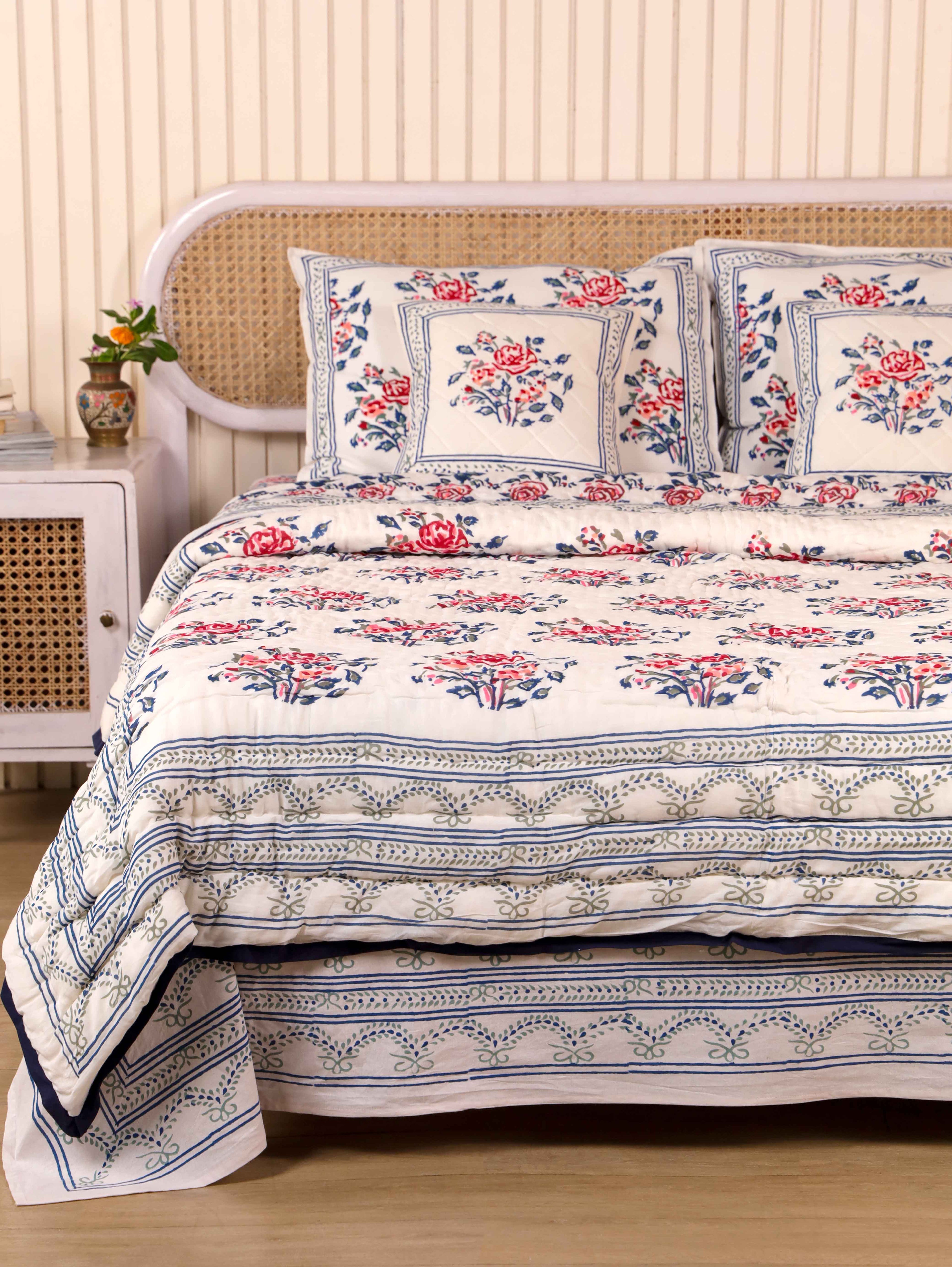 BLUE ROSELAND HAND BLOCK PRINT 6-PICES BEDDING SET'S