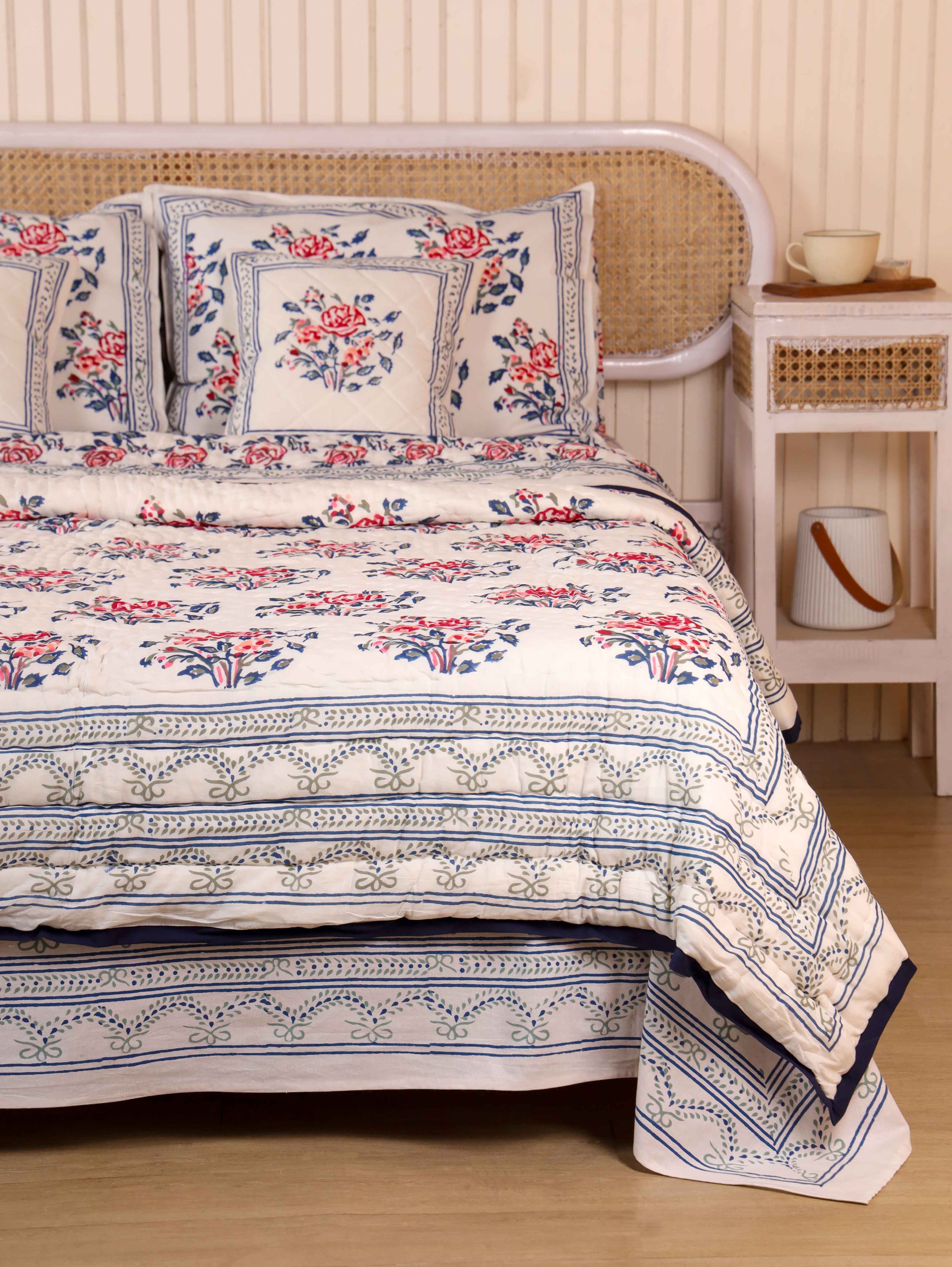 BLUE ROSELAND HAND BLOCK PRINT 6-PICES BEDDING SET'S