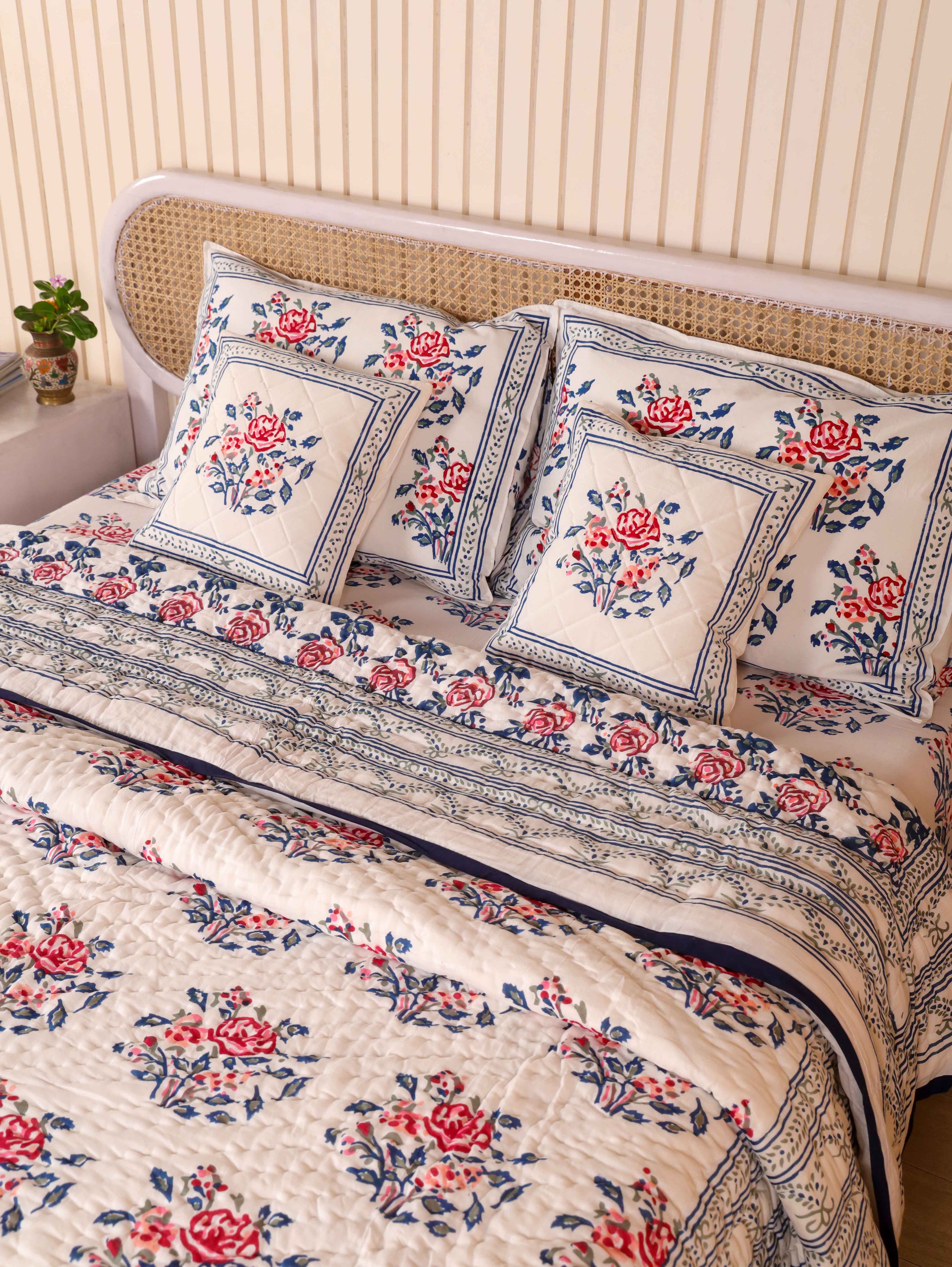 BLUE ROSELAND HAND BLOCK PRINT 6-PICES BEDDING SET'S