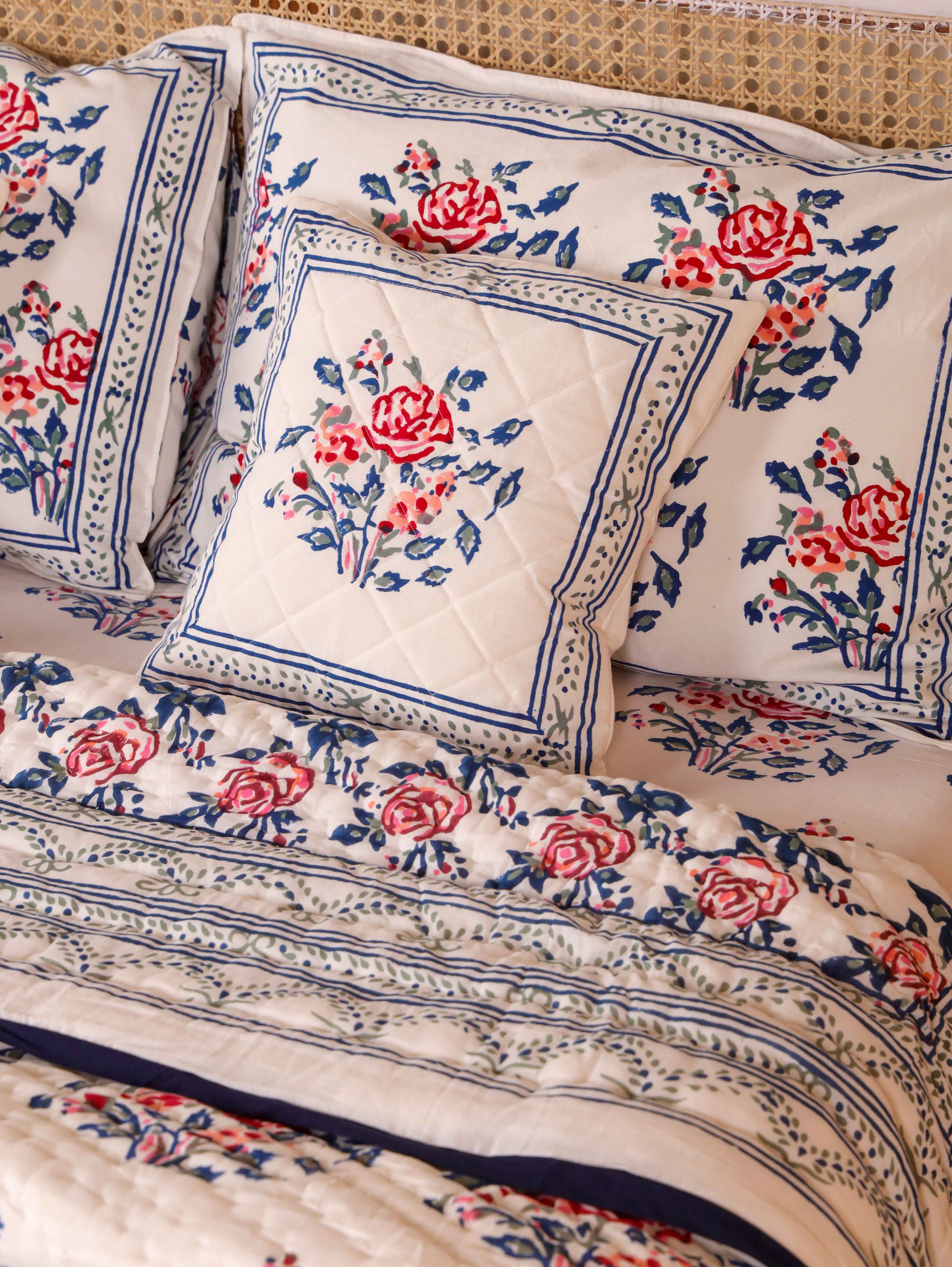 BLUE ROSELAND HAND BLOCK PRINT 6-PICES BEDDING SET'S