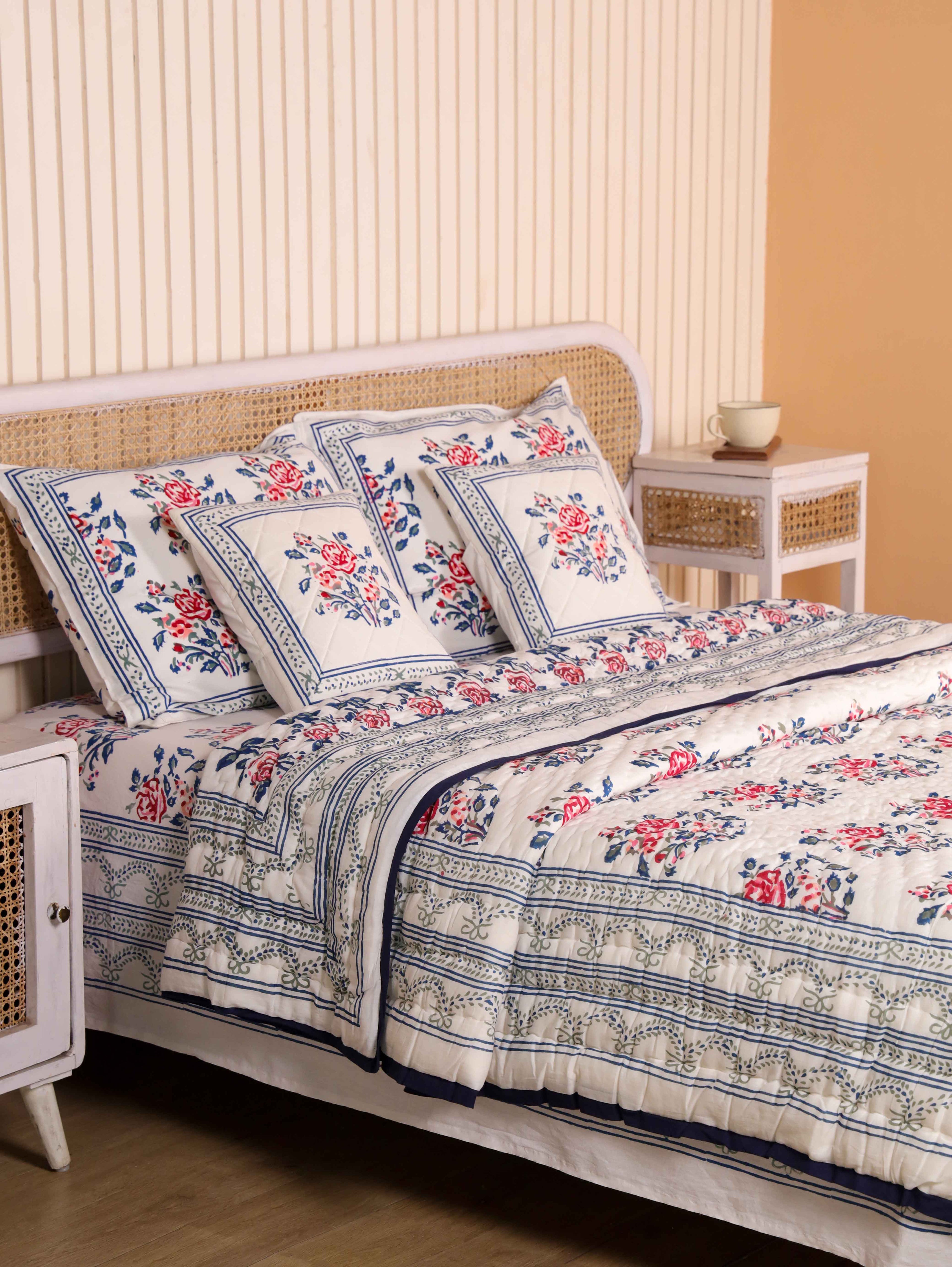 BLUE ROSELAND HAND BLOCK PRINT 6-PICES BEDDING SET'S