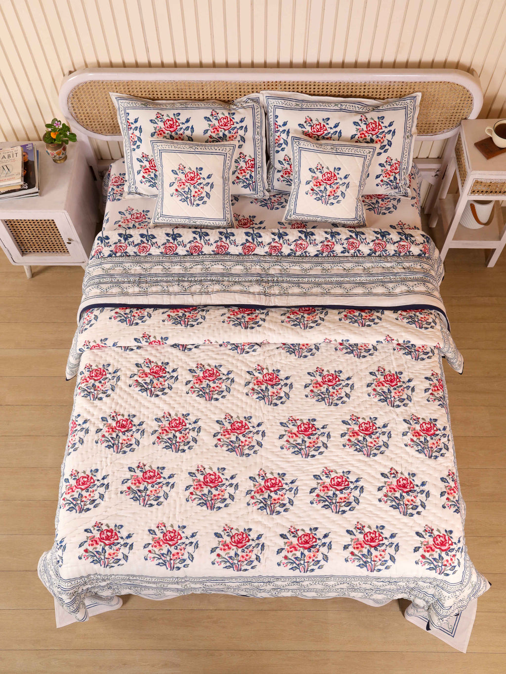 BLUE ROSELAND HAND BLOCK PRINT 6-PICES BEDDING SET'S