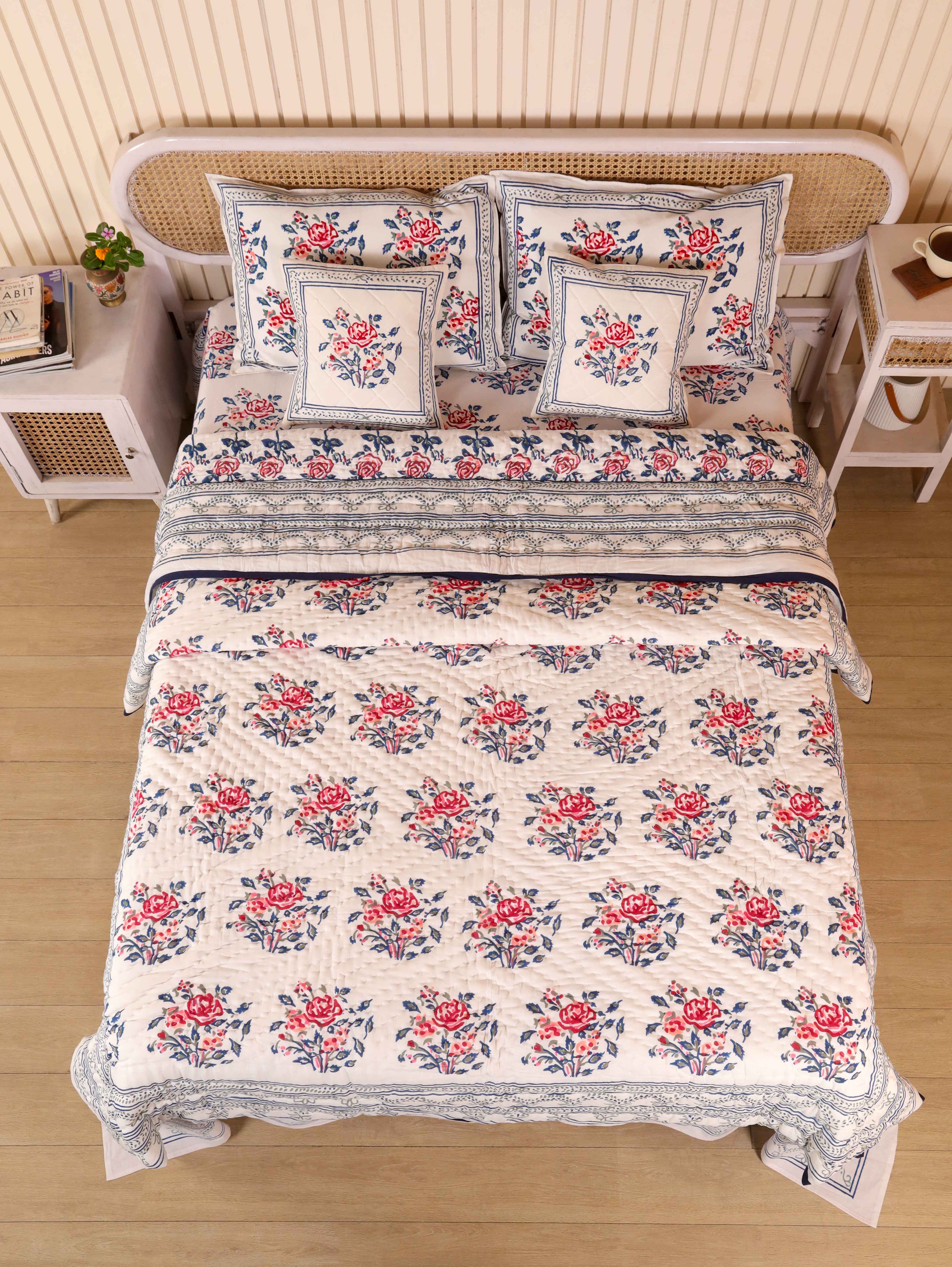 BLUE ROSELAND HAND BLOCK PRINT 6-PICES BEDDING SET'S