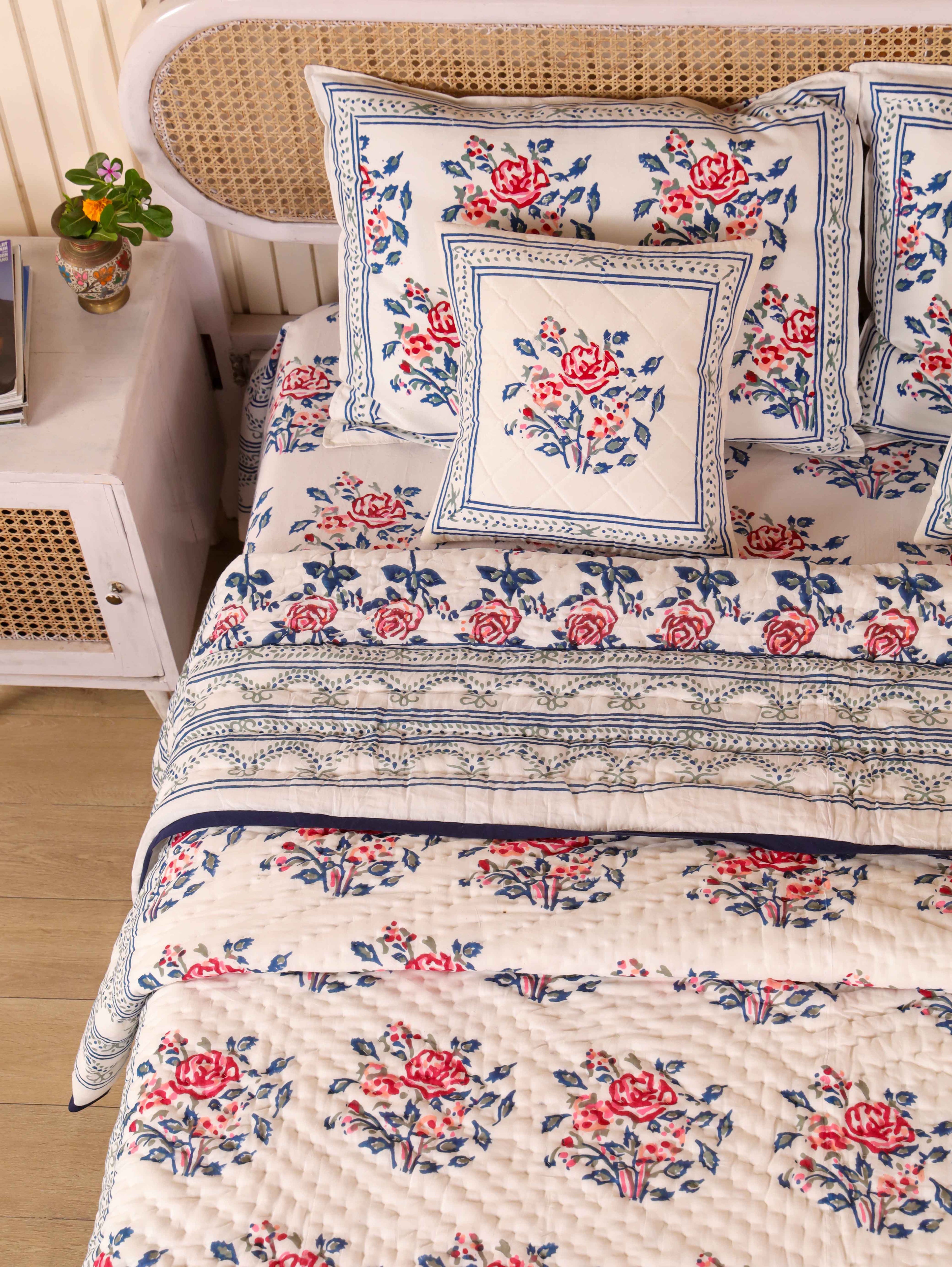 BLUE ROSELAND HAND BLOCK PRINT 6-PICES BEDDING SET'S