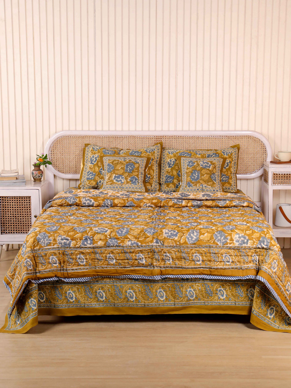 MUSTARD MEHRAB HAND BLOCK PRINT 6'PICES BEDDING SET'S