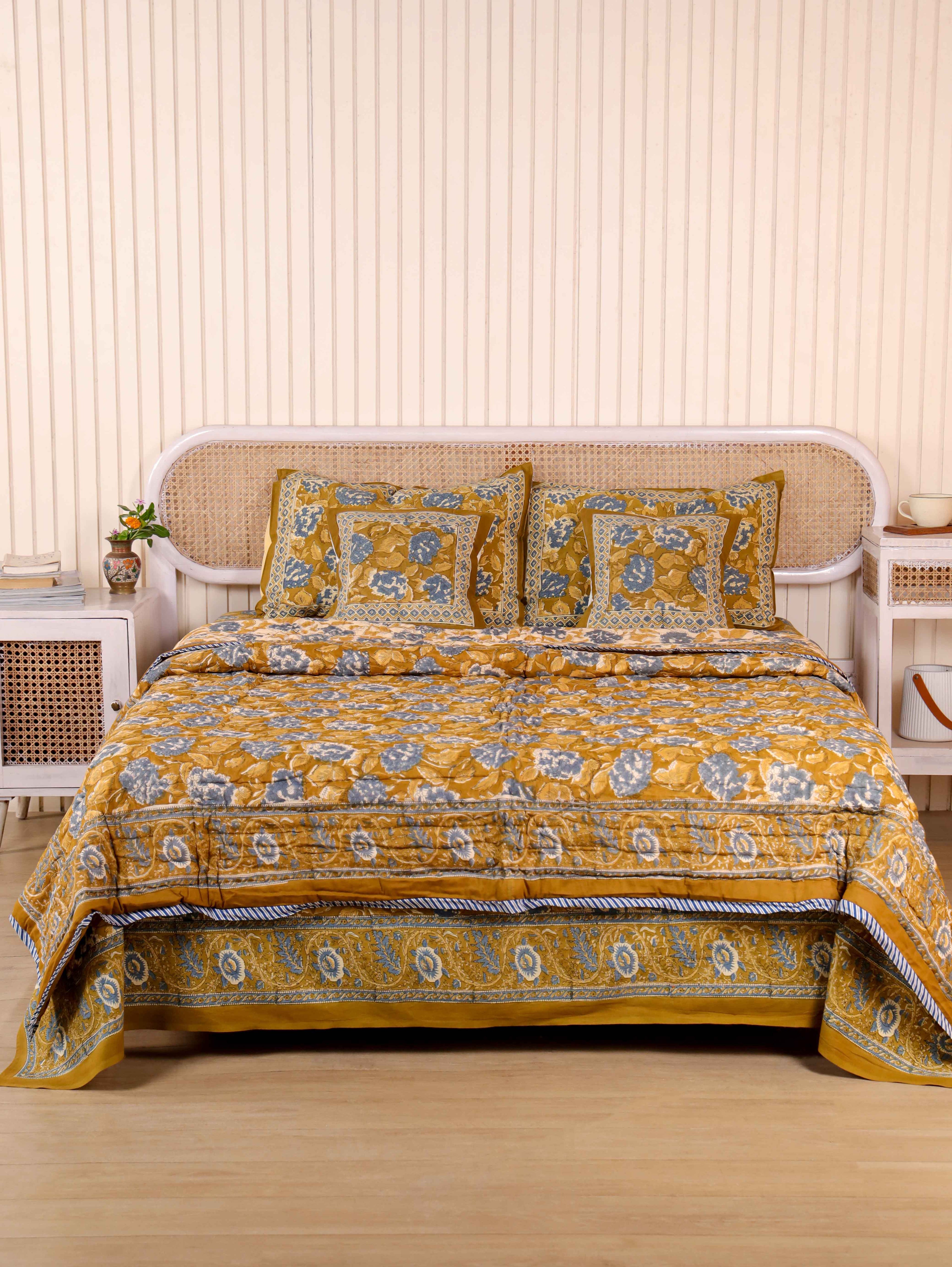 MUSTARD MEHRAB HAND BLOCK PRINT 6'PICES BEDDING SET'S
