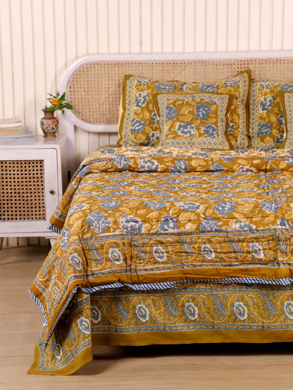 MUSTARD MEHRAB HAND BLOCK PRINT 6'PICES BEDDING SET'S