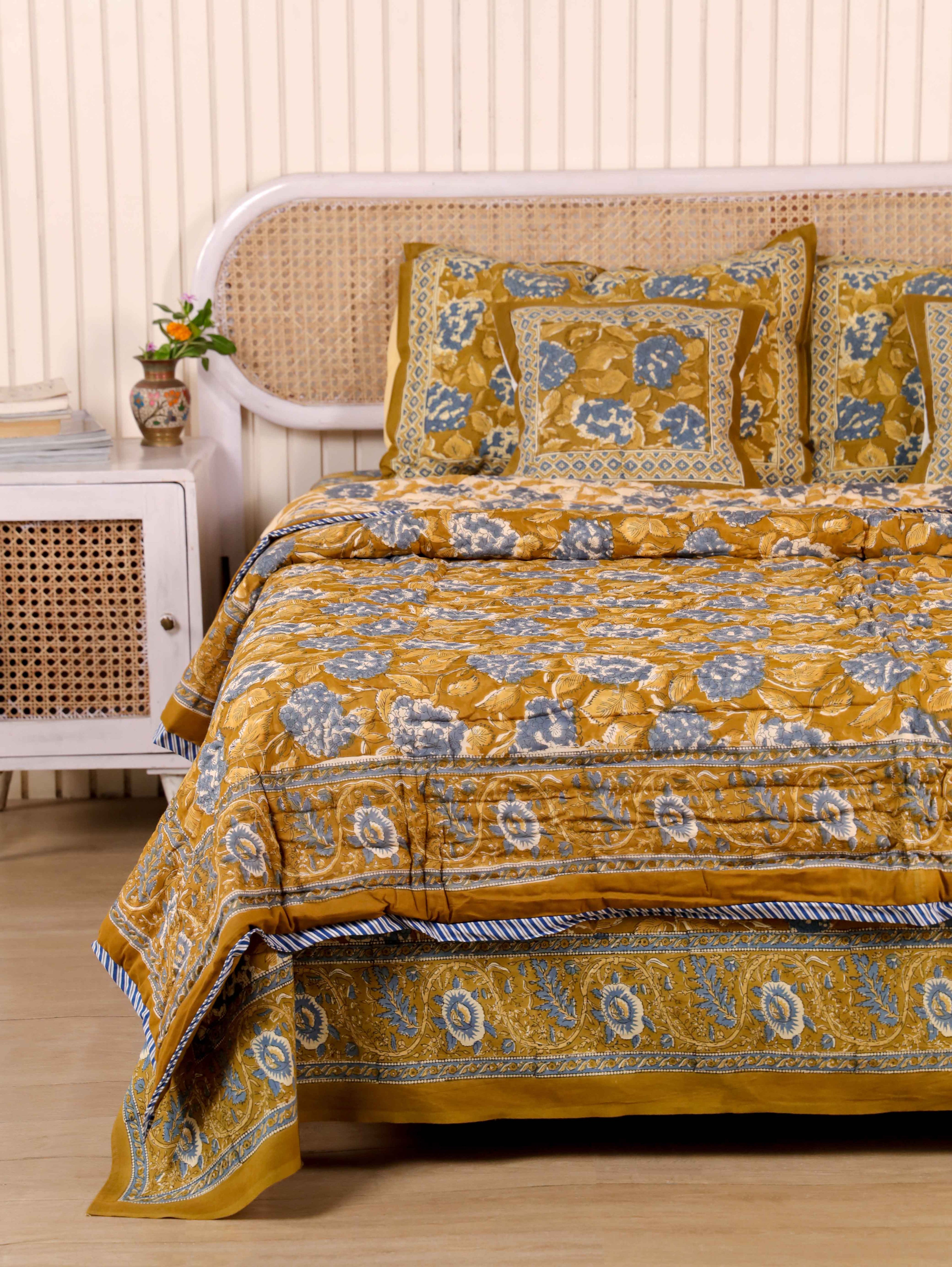 MUSTARD MEHRAB HAND BLOCK PRINT 6'PICES BEDDING SET'S