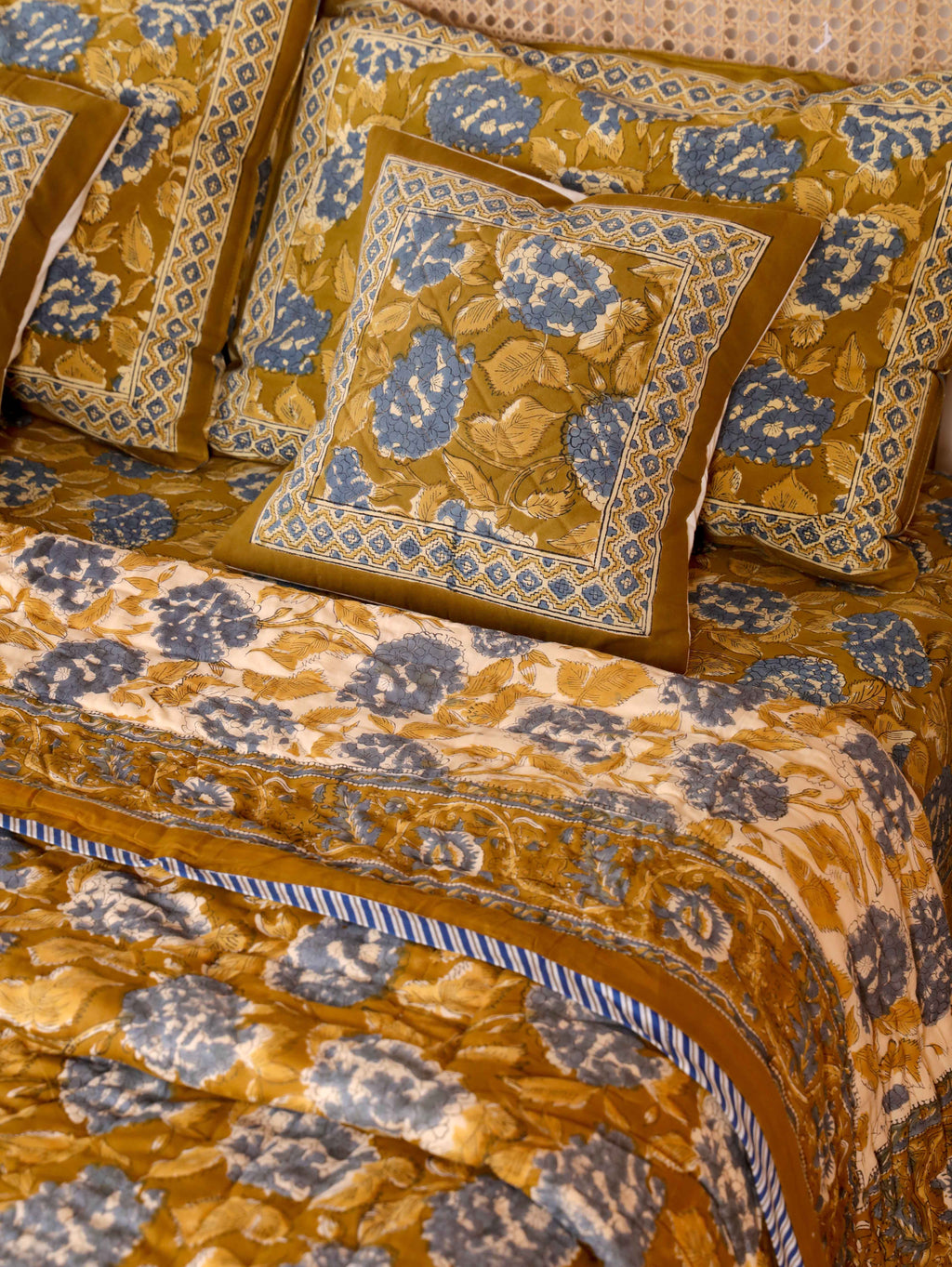 MUSTARD MEHRAB HAND BLOCK PRINT 6'PICES BEDDING SET'S
