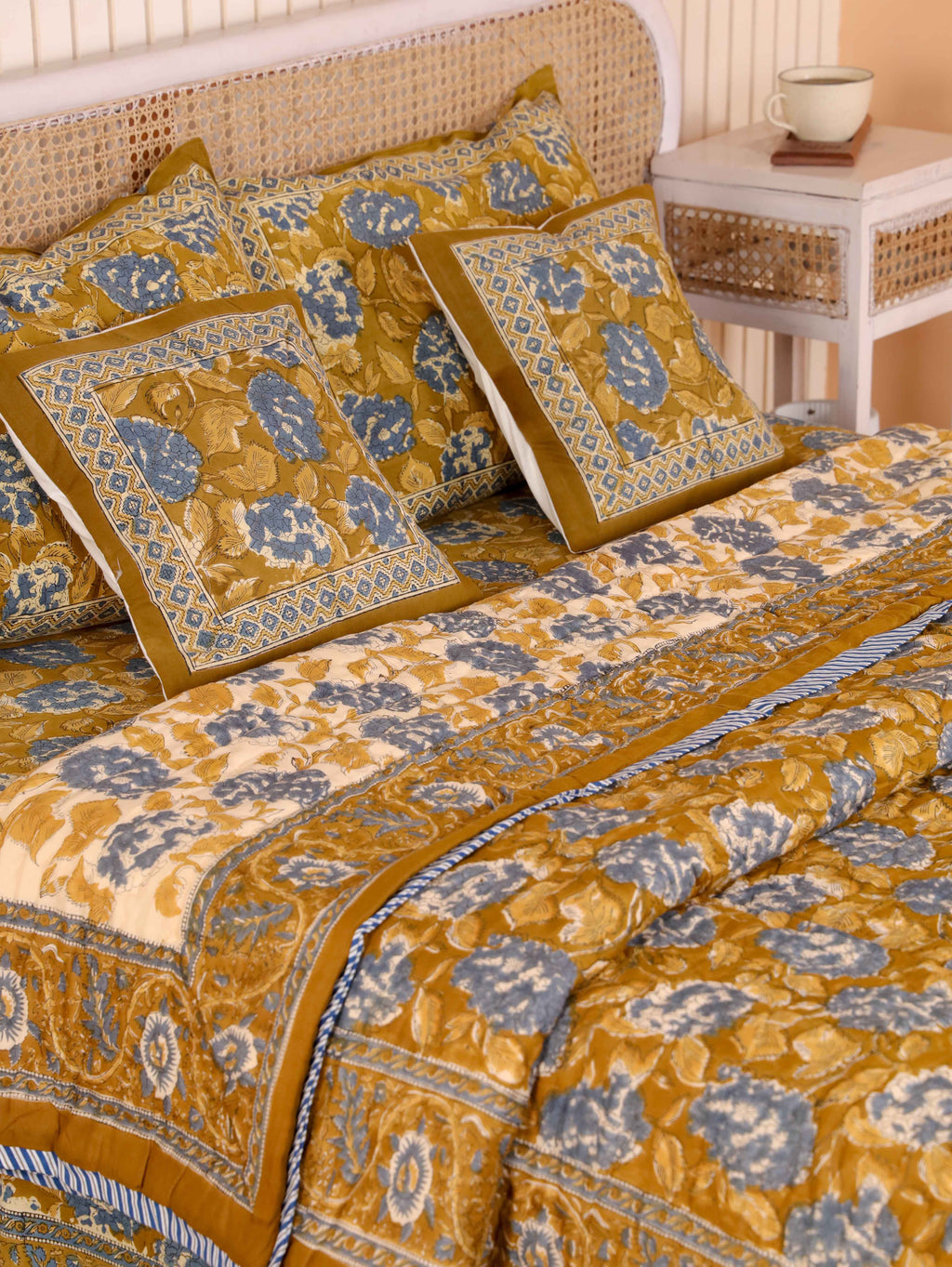 MUSTARD MEHRAB HAND BLOCK PRINT 6'PICES BEDDING SET'S