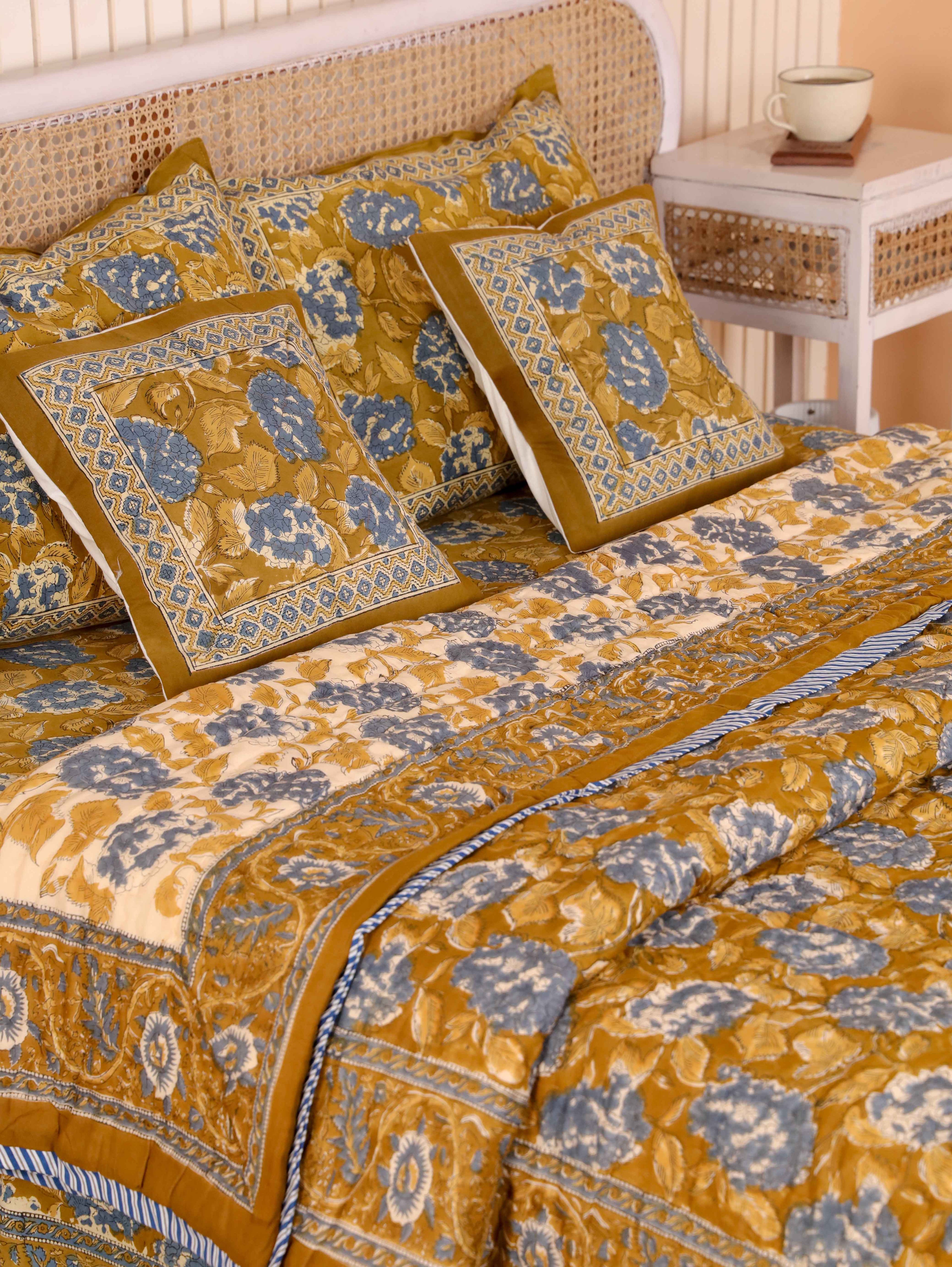 MUSTARD MEHRAB HAND BLOCK PRINT 6'PICES BEDDING SET'S