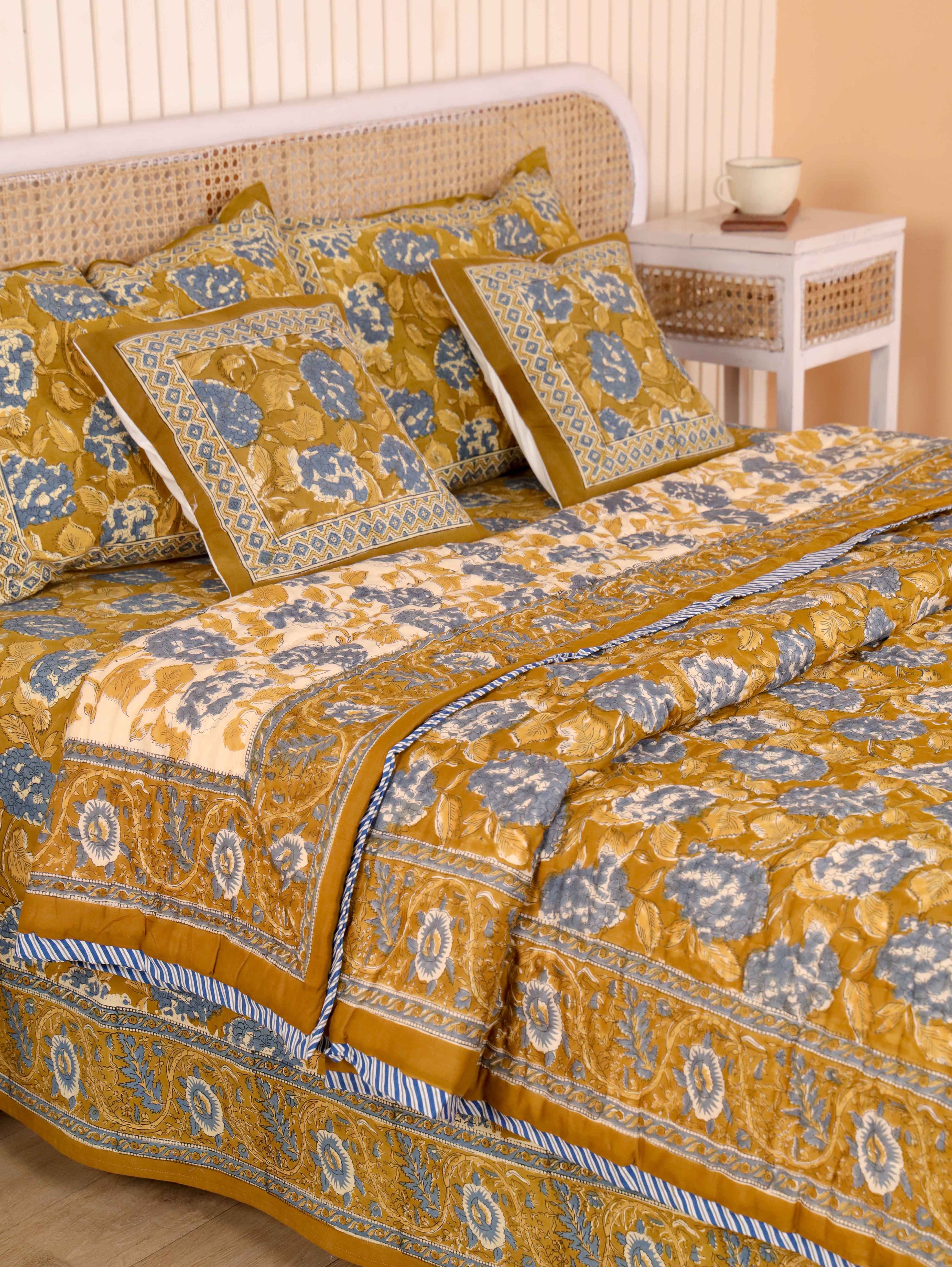 MUSTARD MEHRAB HAND BLOCK PRINT 6'PICES BEDDING SET'S