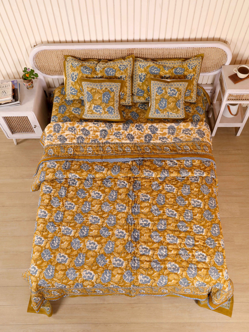 MUSTARD MEHRAB HAND BLOCK PRINT 6'PICES BEDDING SET'S