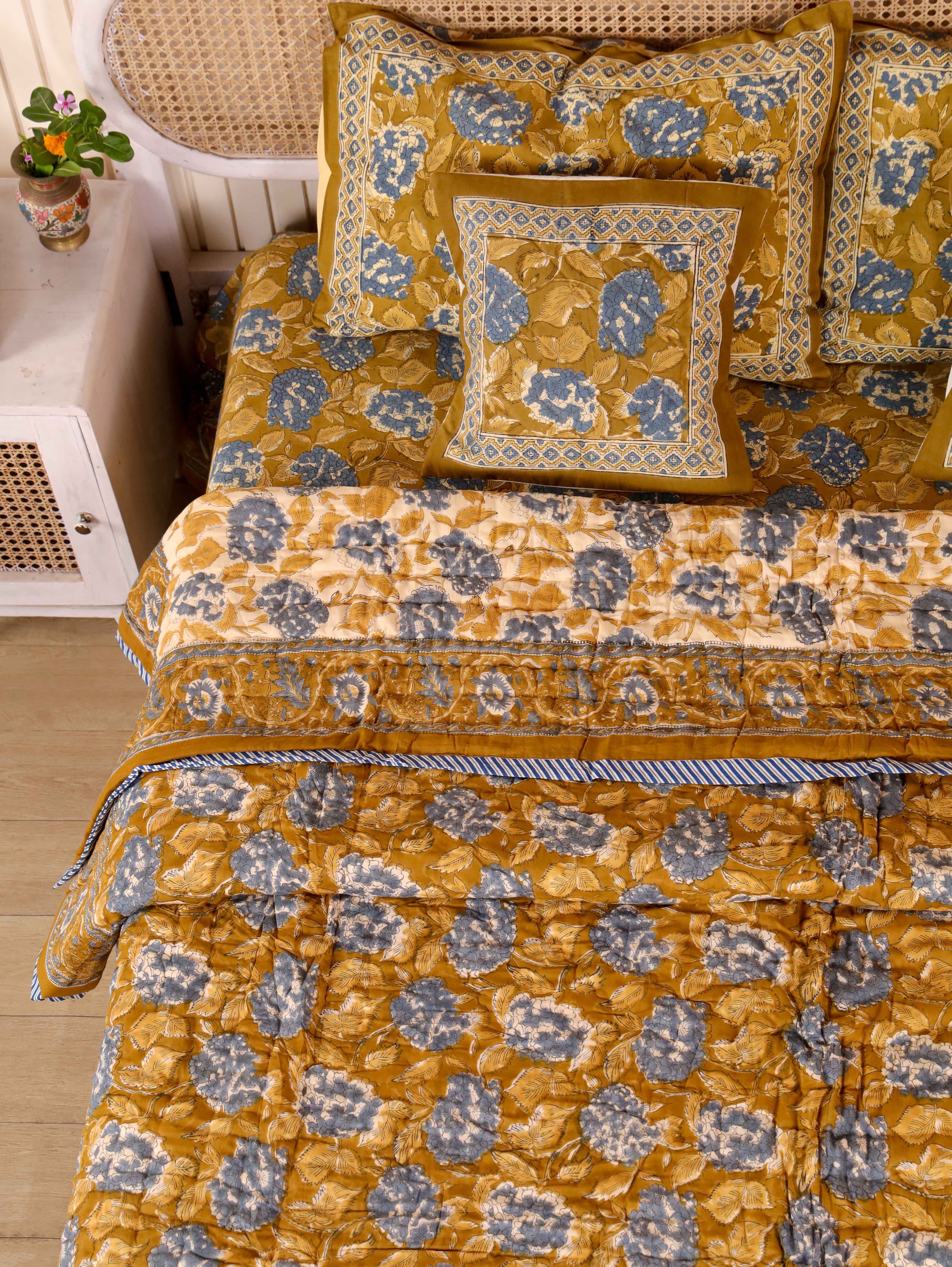 MUSTARD MEHRAB HAND BLOCK PRINT 6'PICES BEDDING SET'S