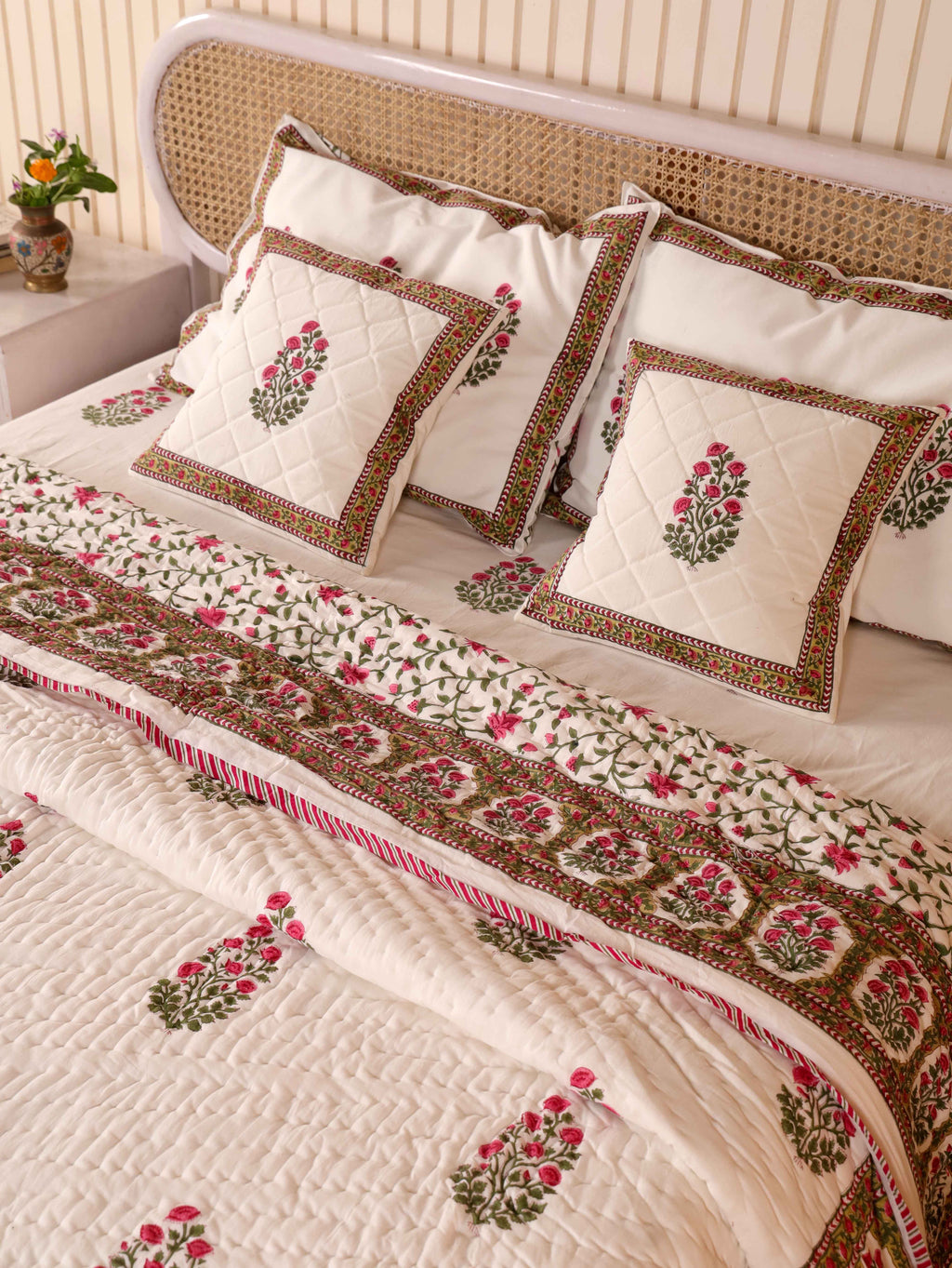 PACIFIC PINK BUTTA HAND BLOCK PRINT 6-PICES BEDDING SET'S