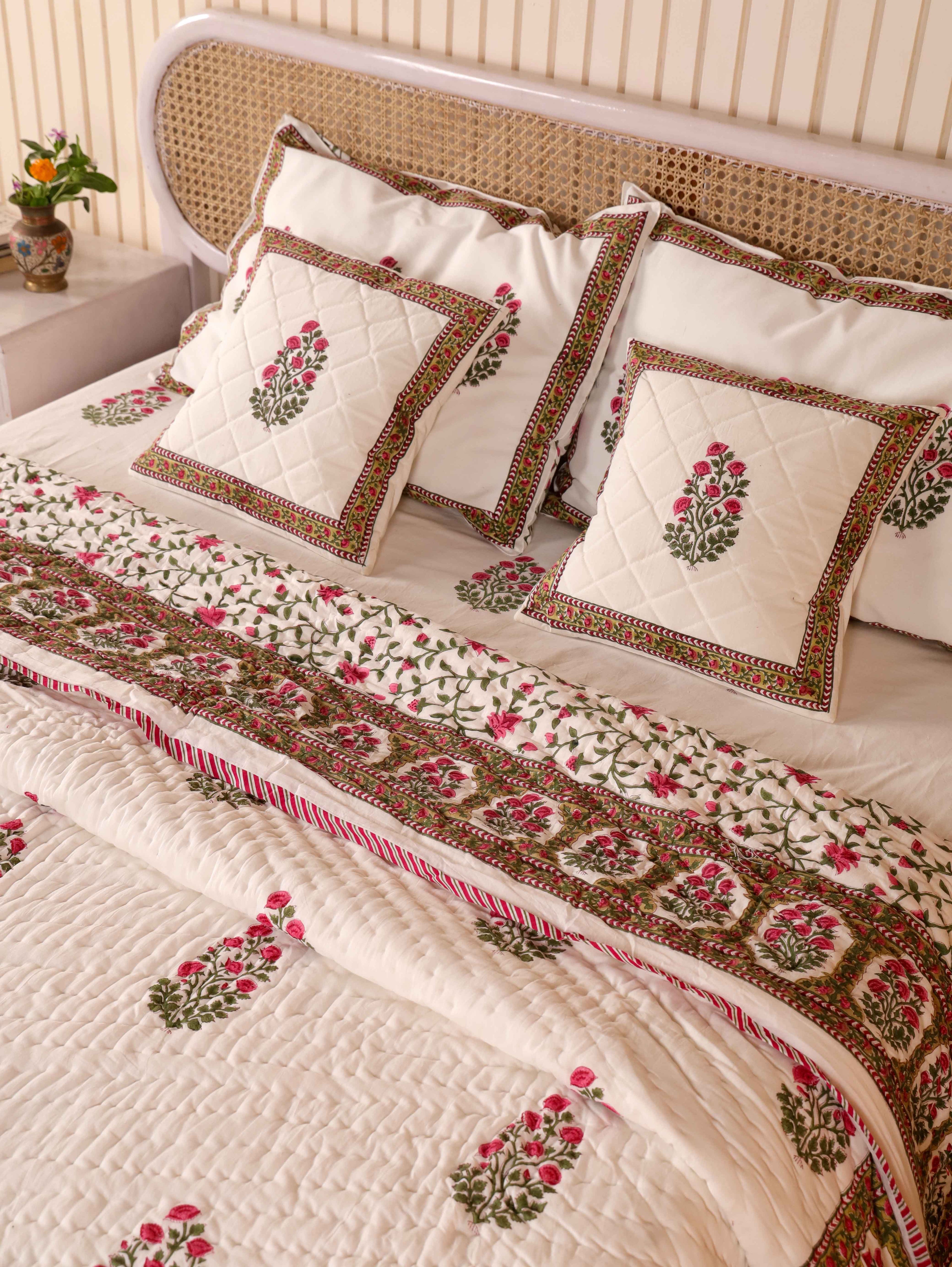 PACIFIC PINK BUTTA HAND BLOCK PRINT 6-PICES BEDDING SET'S