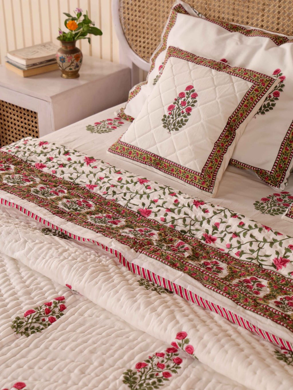 PACIFIC PINK BUTTA HAND BLOCK PRINT 6-PICES BEDDING SET'S