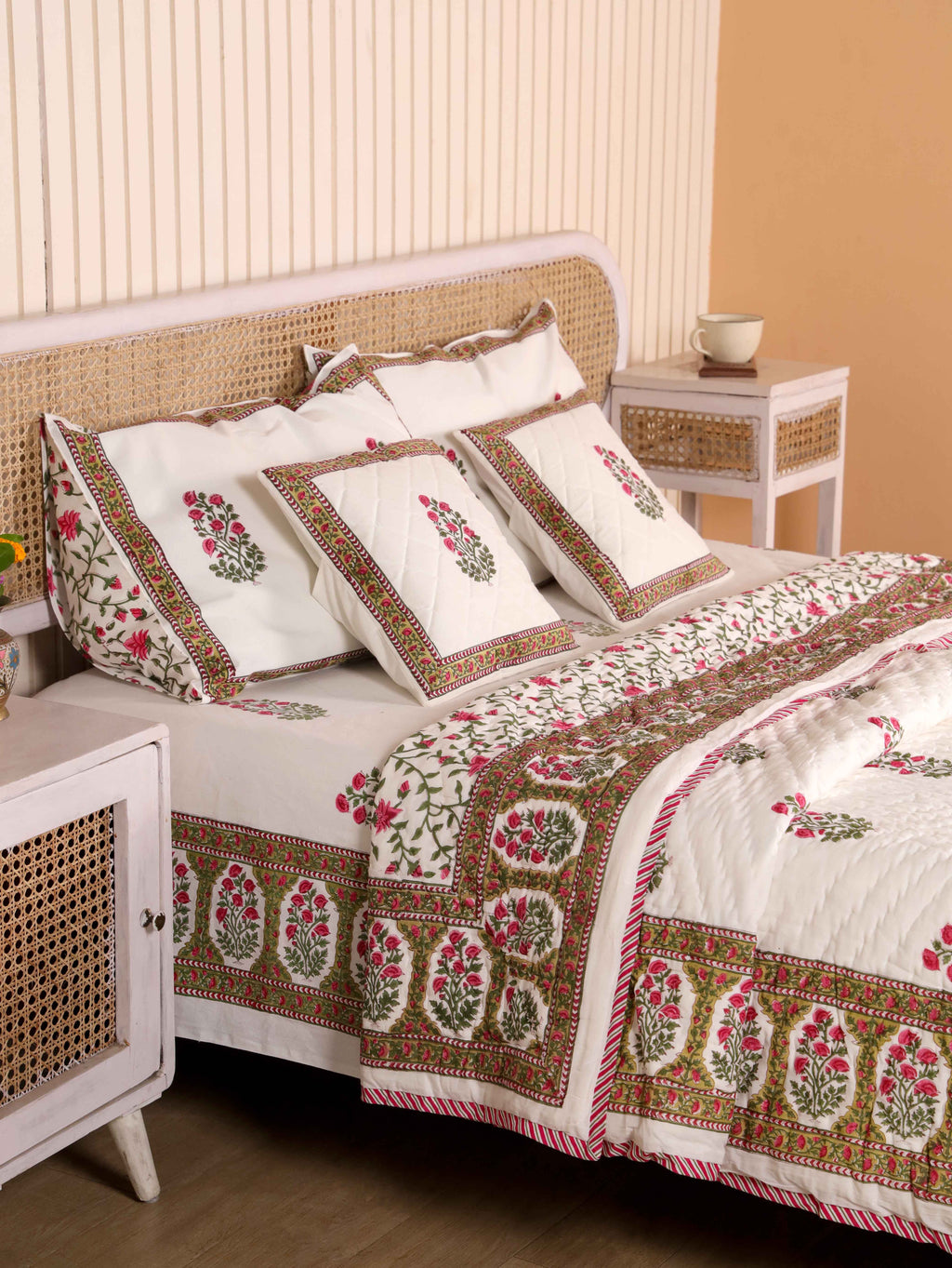 PACIFIC PINK BUTTA HAND BLOCK PRINT 6-PICES BEDDING SET'S