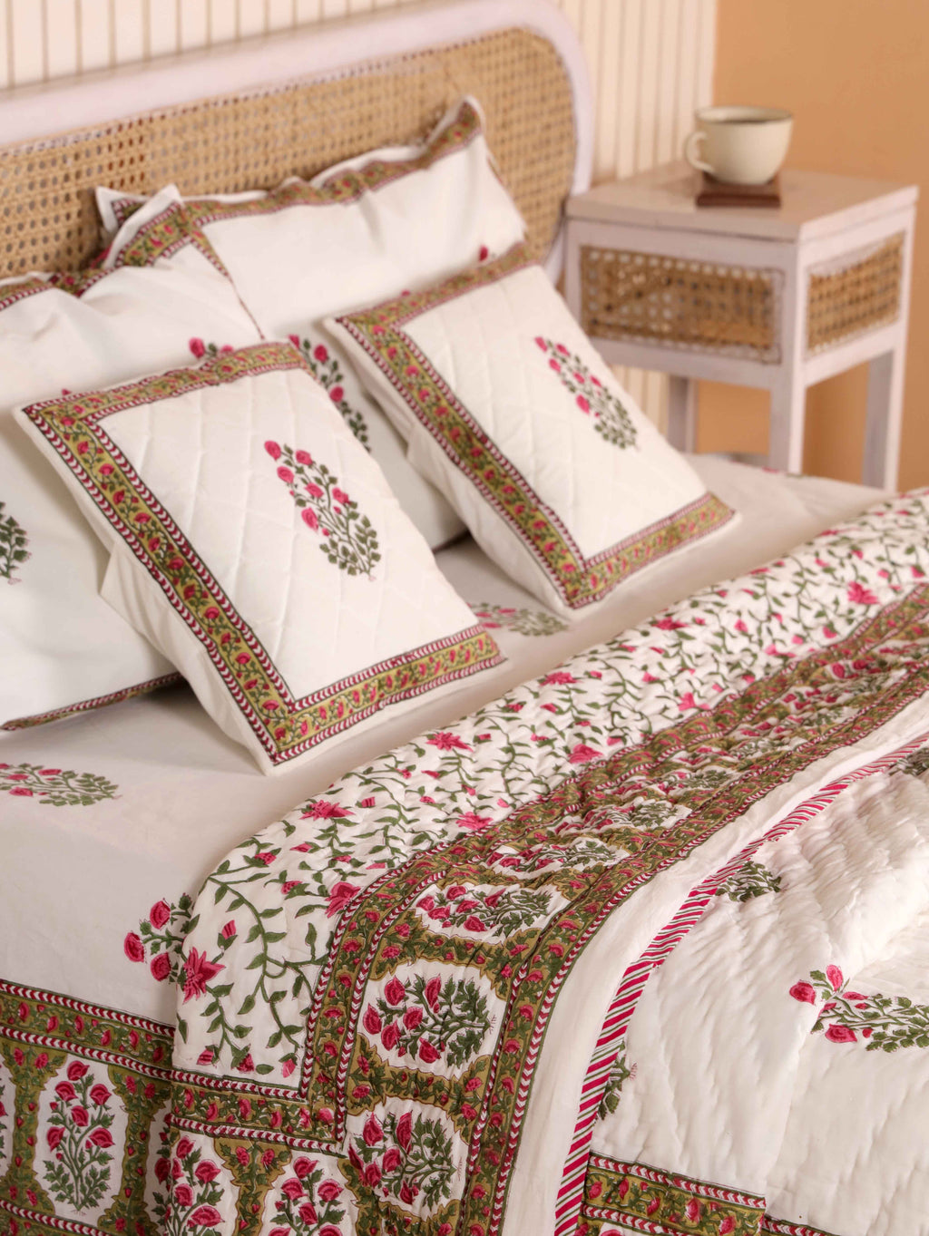 PACIFIC PINK BUTTA HAND BLOCK PRINT 6-PICES BEDDING SET'S