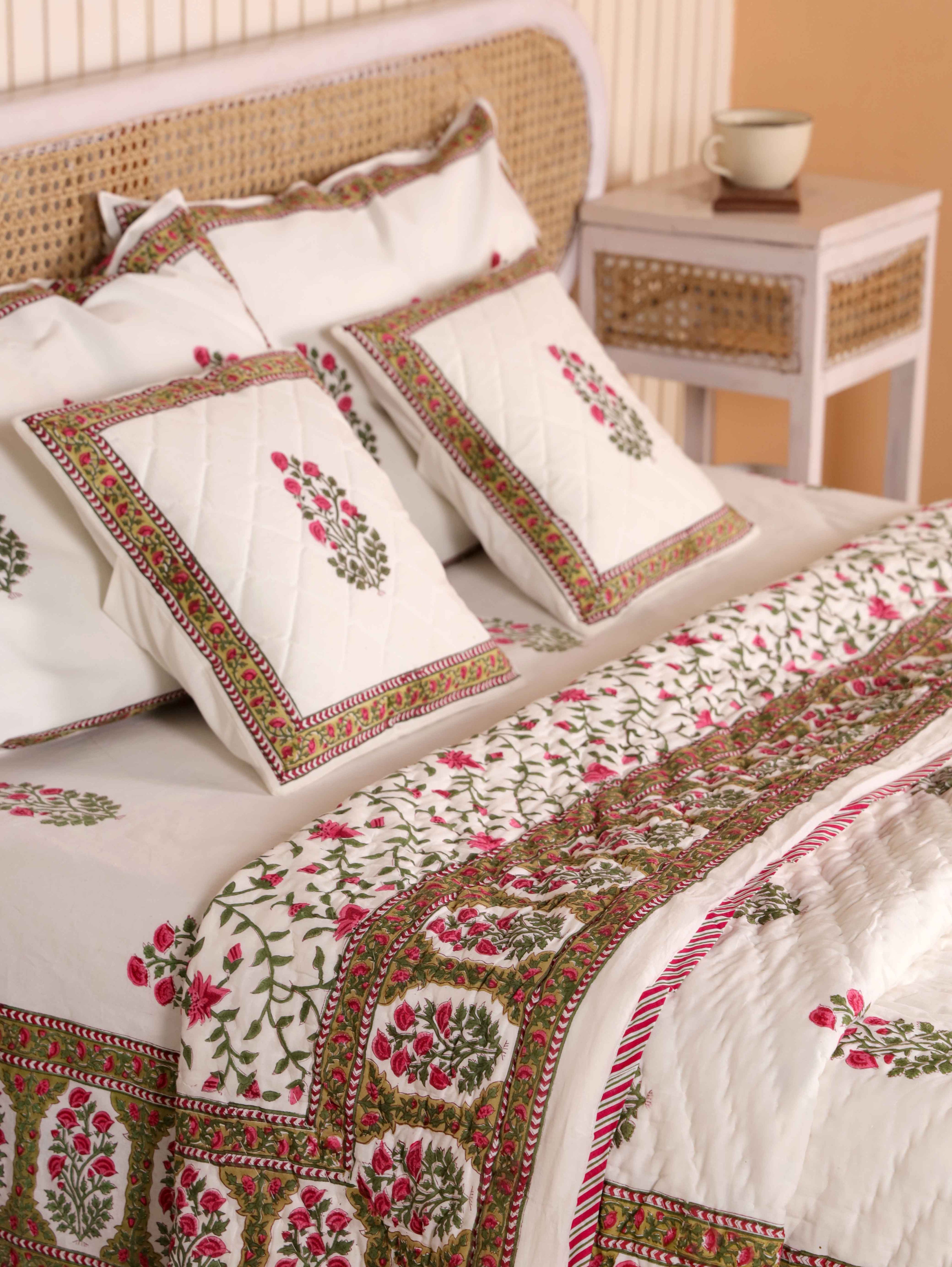 PACIFIC PINK BUTTA HAND BLOCK PRINT 6-PICES BEDDING SET'S