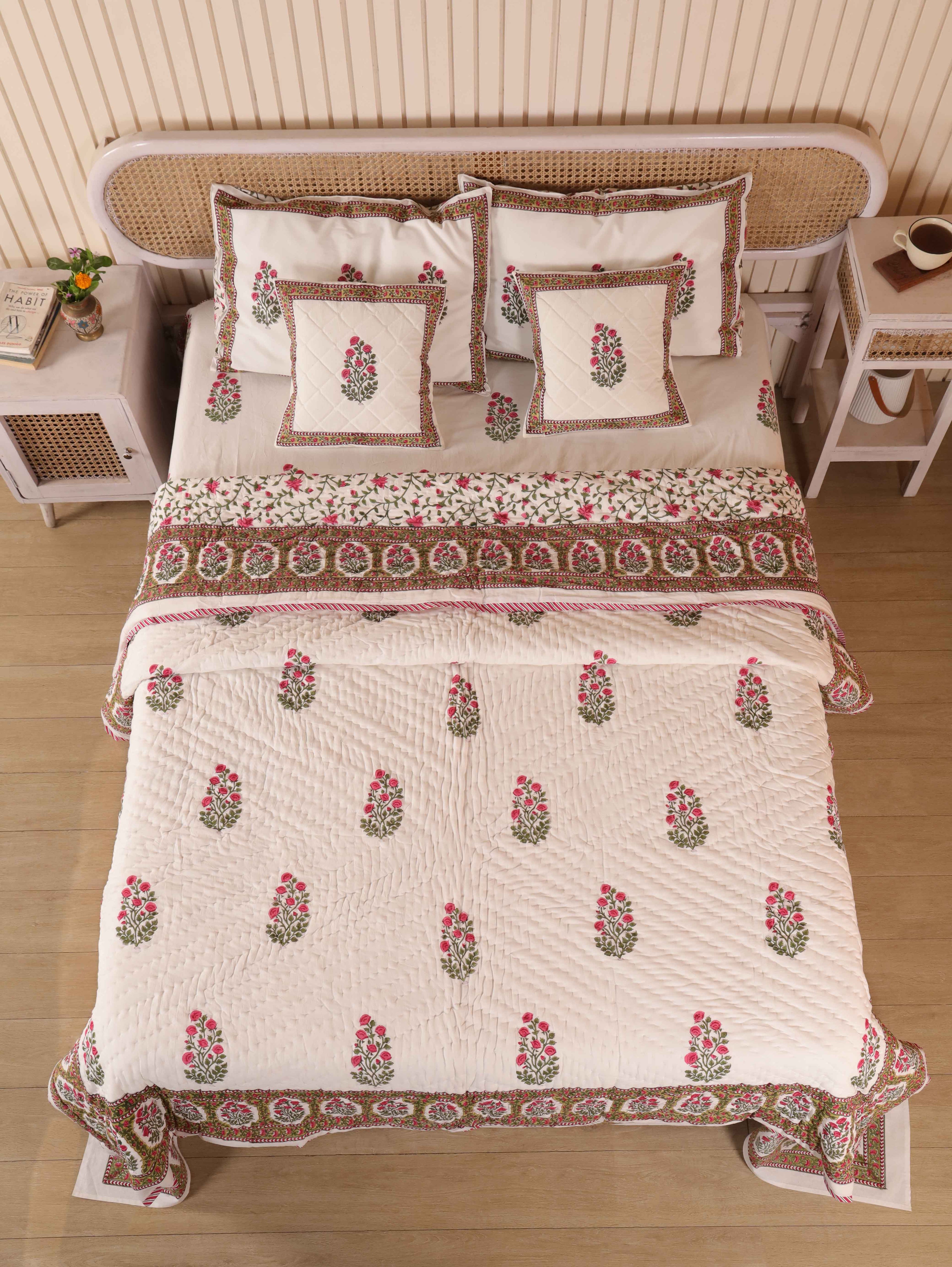 PACIFIC PINK BUTTA HAND BLOCK PRINT 6-PICES BEDDING SET'S