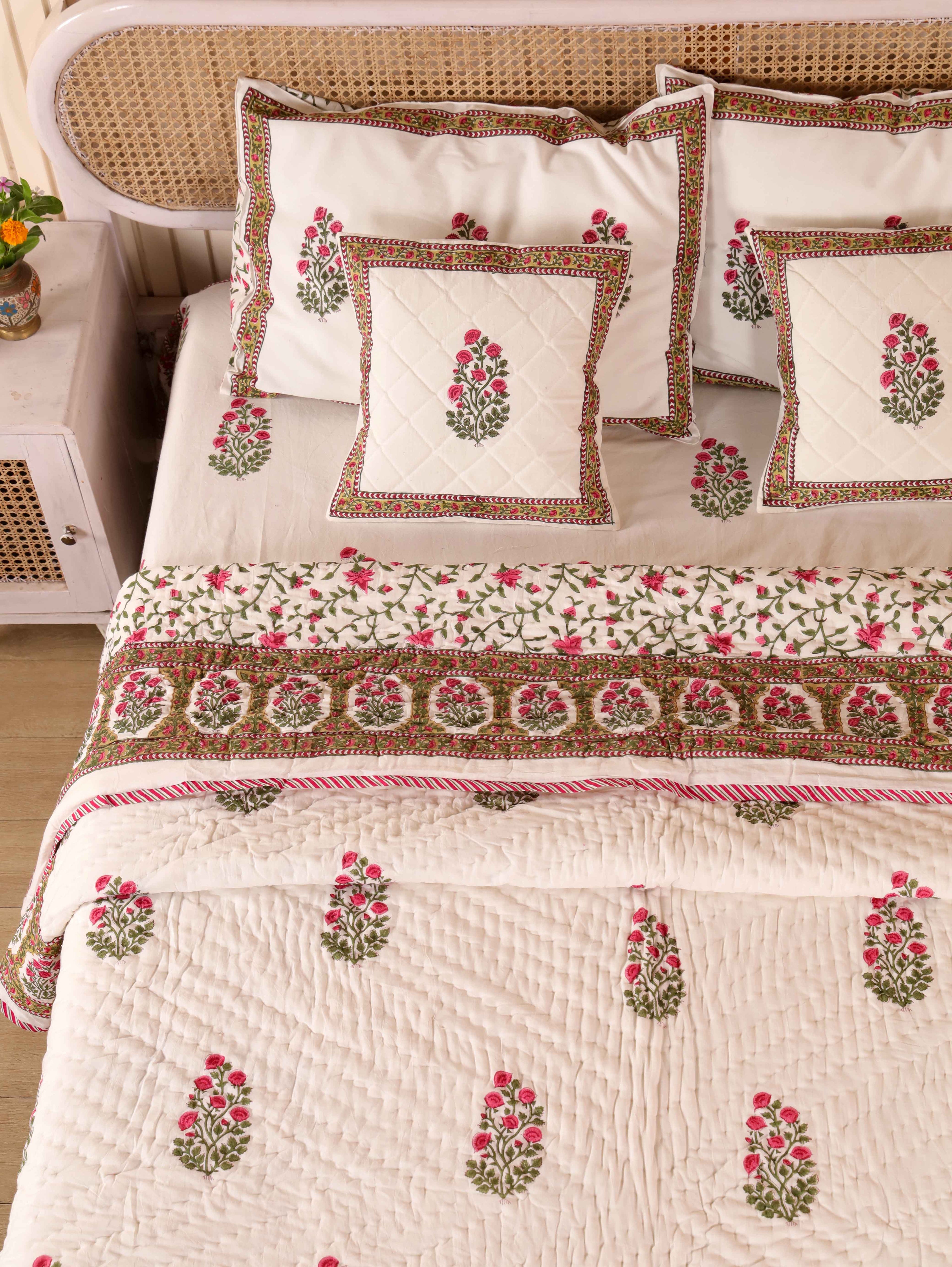 PACIFIC PINK BUTTA HAND BLOCK PRINT 6-PICES BEDDING SET'S