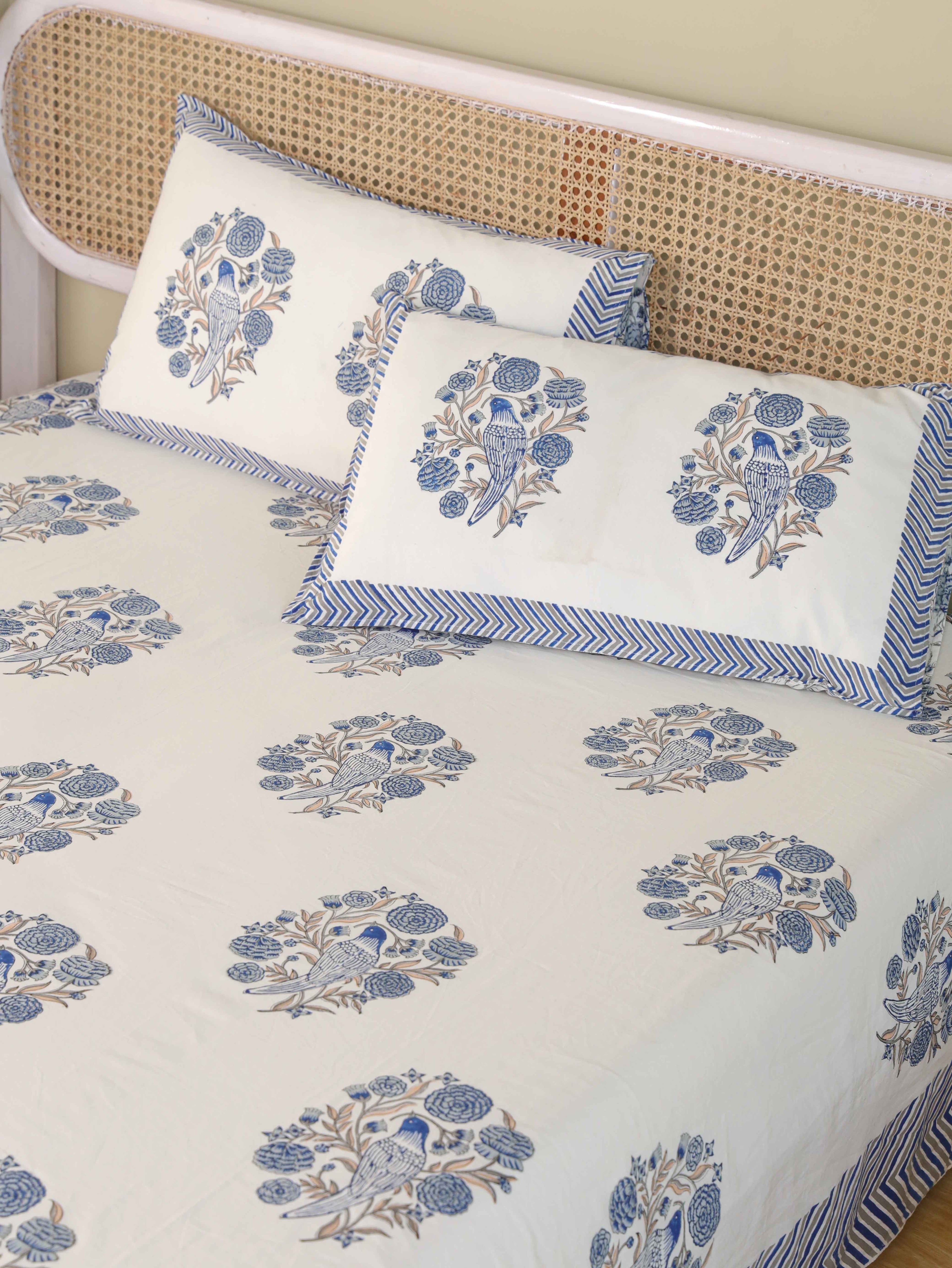Hand Block Print Jaipuri Cotton Bedsheet With Two Reversible Pillow Cover