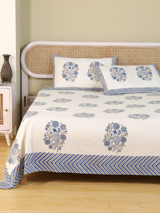 Hand Block Print Jaipuri Cotton Bedsheet With Two Reversible Pillow Cover