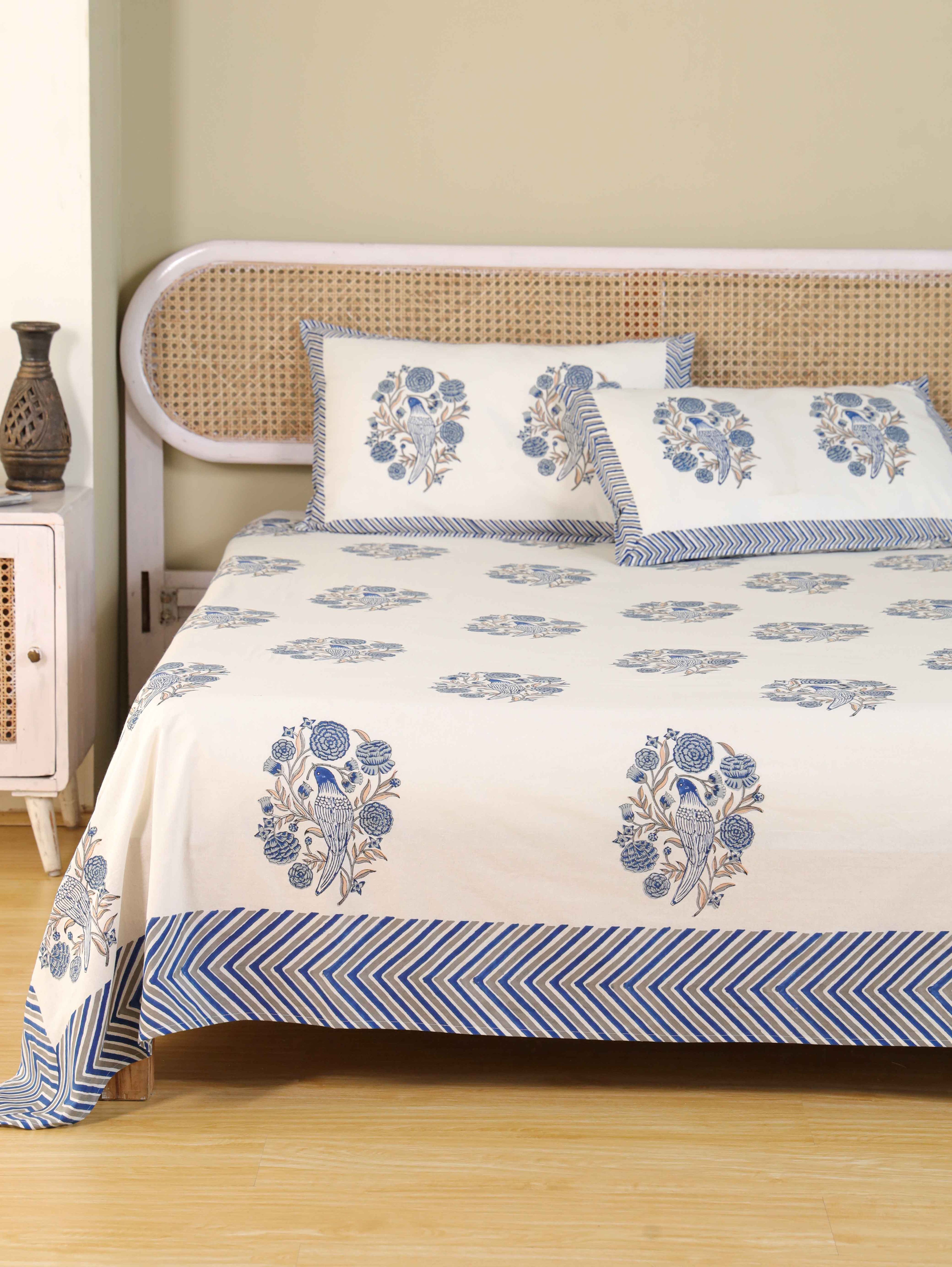 Hand Block Print Jaipuri Cotton Bedsheet With Two Reversible Pillow Cover
