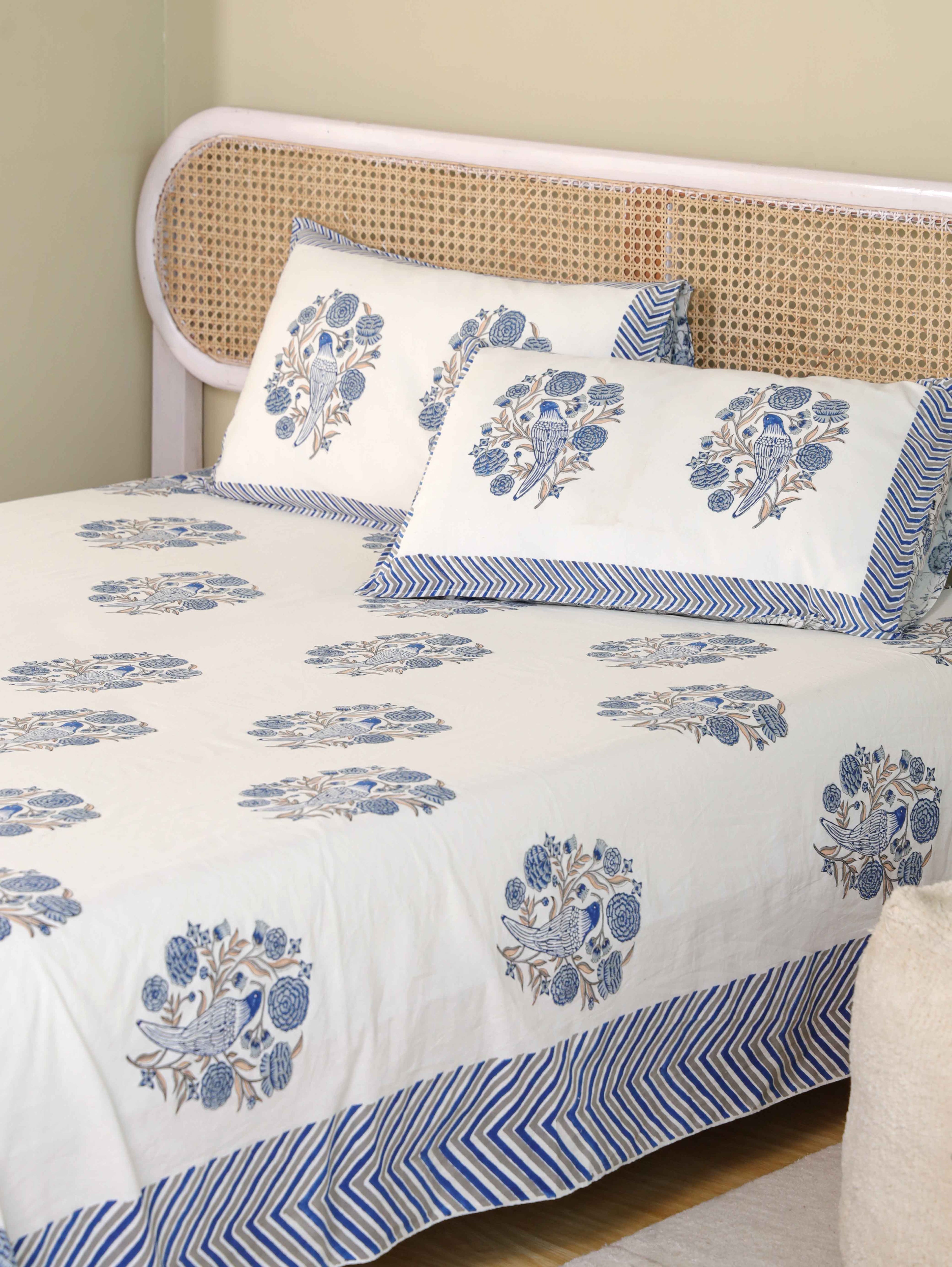 Hand Block Print Jaipuri Cotton Bedsheet With Two Reversible Pillow Cover