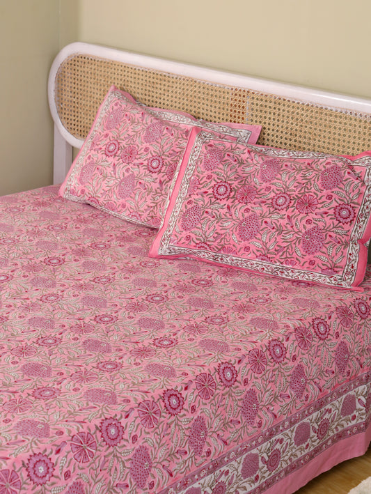 Hand Block Print Jaipuri Cotton Bedsheet With Two Reversible Pillow Cover