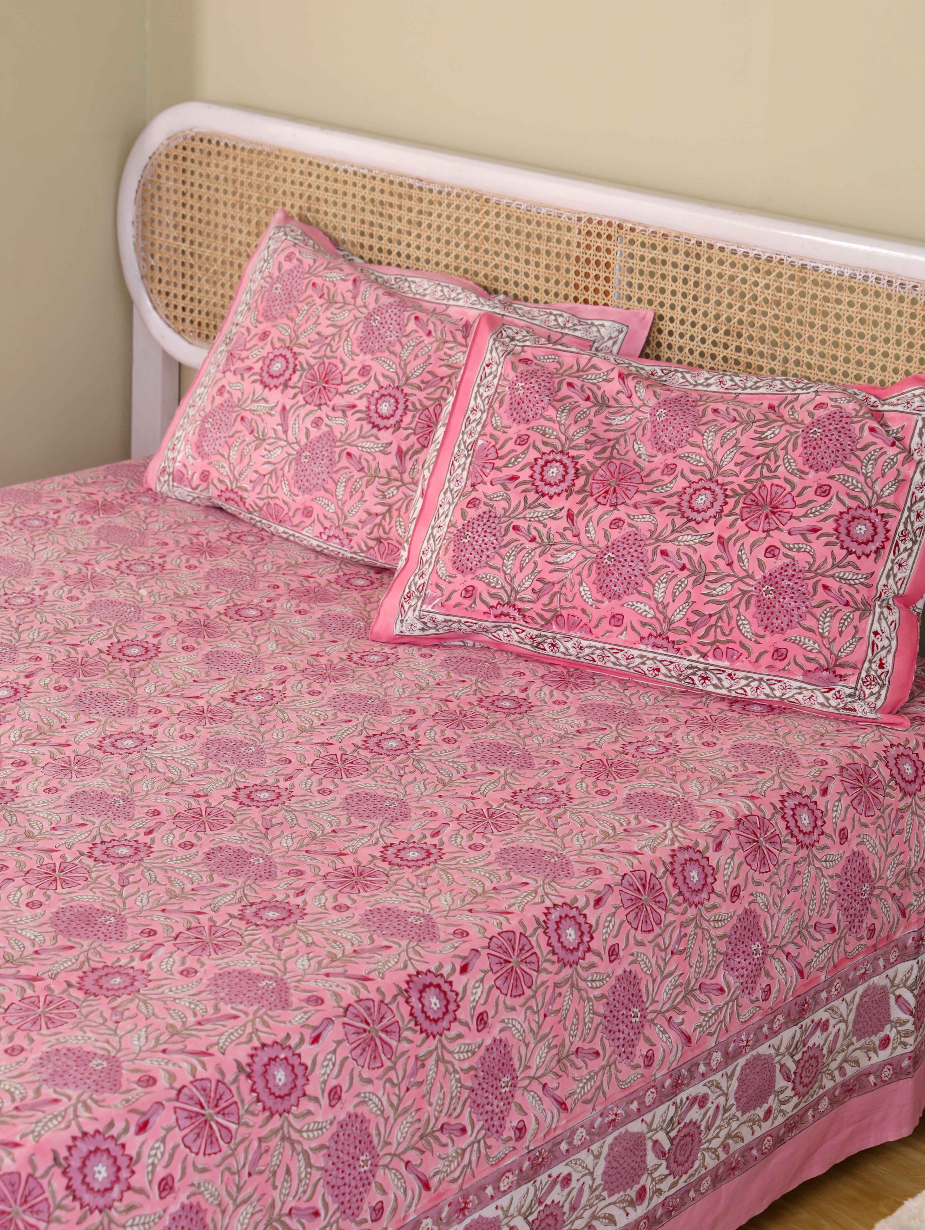 Hand Block Print Jaipuri Cotton Bedsheet With Two Reversible Pillow Cover
