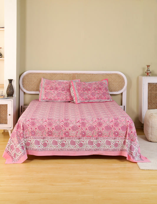 Hand Block Print Jaipuri Cotton Bedsheet With Two Reversible Pillow Cover
