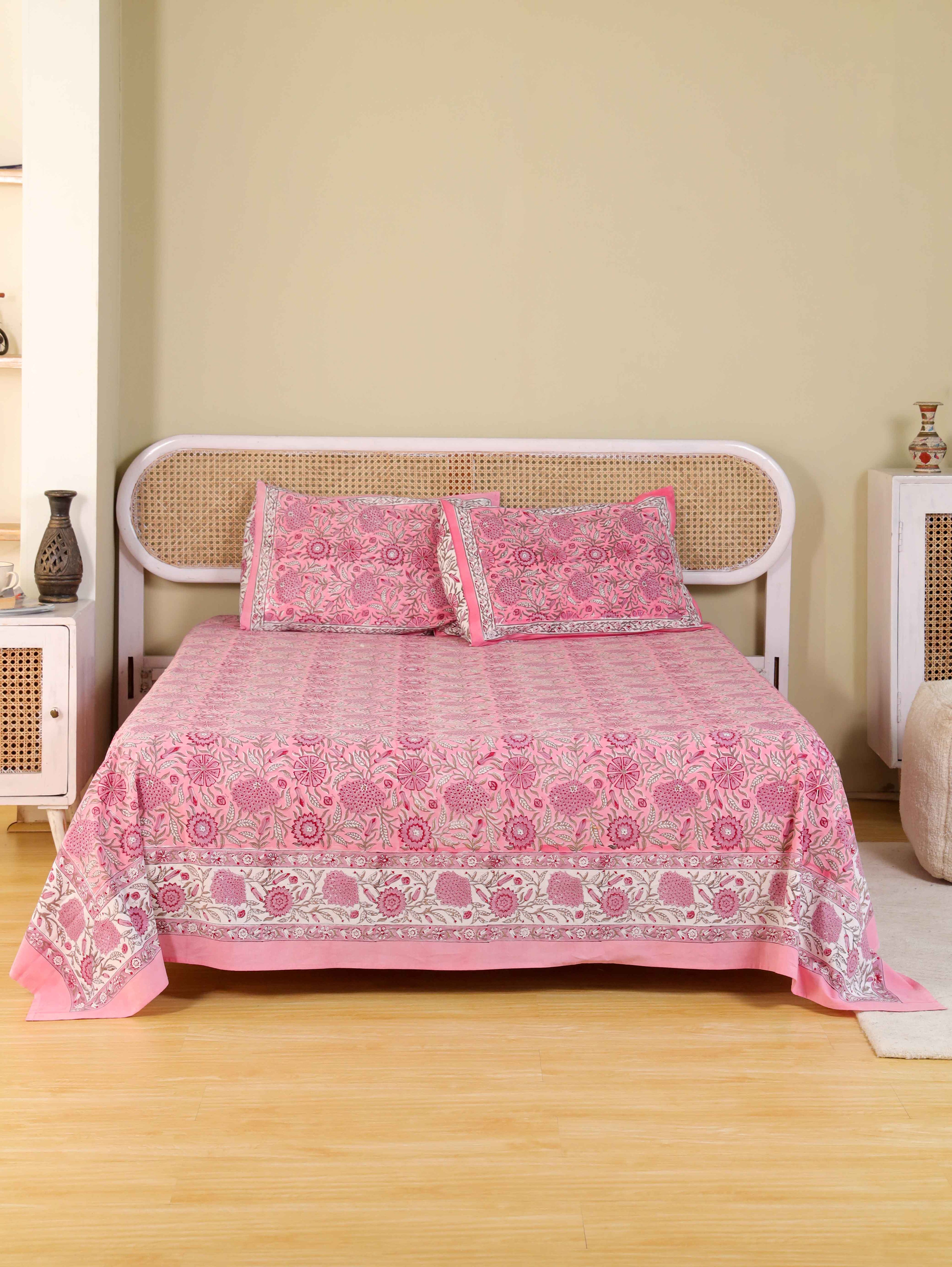 Hand Block Print Jaipuri Cotton Bedsheet With Two Reversible Pillow Cover