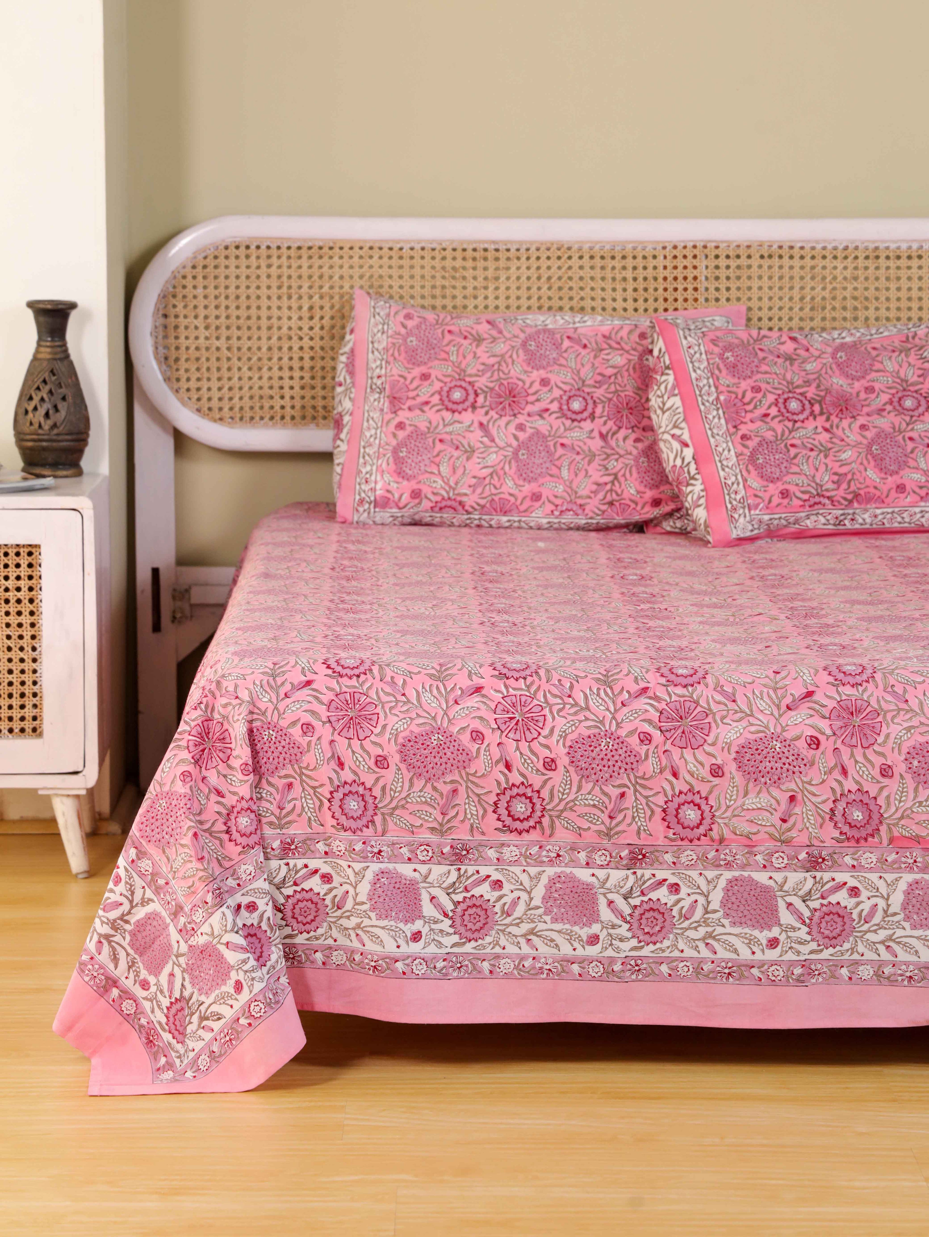 Hand Block Print Jaipuri Cotton Bedsheet With Two Reversible Pillow Cover