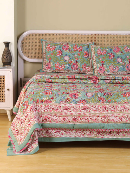 DARK FOREST GREEN HAND BLOCK PRINT 6'PICES BEDDING SET'S