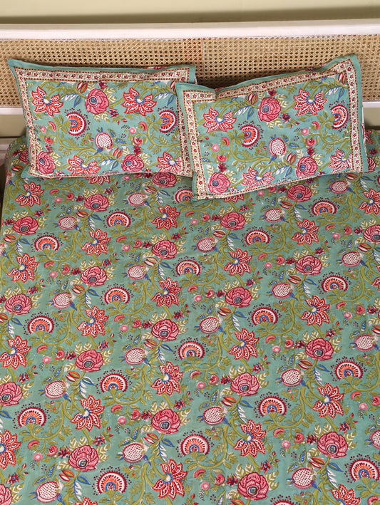 Hand Block Print Jaipuri Cotton Bedsheet With Two Reversible Pillow Cover
