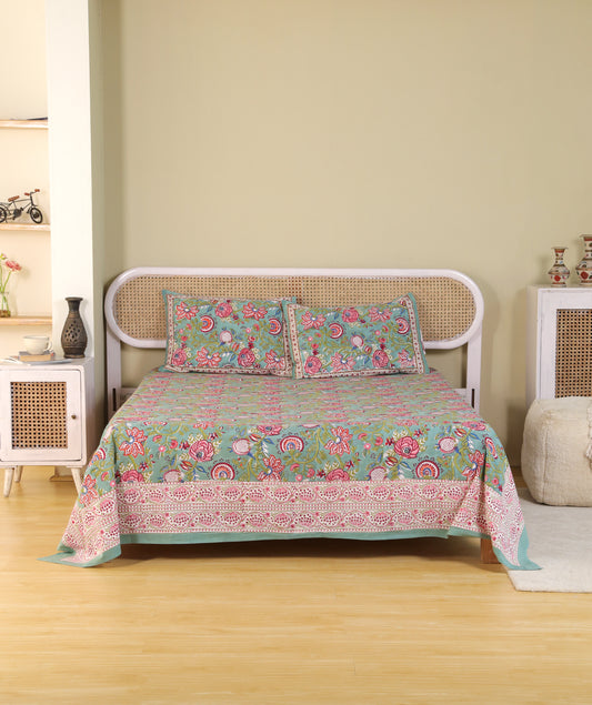 Hand Block Print Jaipuri Cotton Bedsheet With Two Reversible Pillow Cover