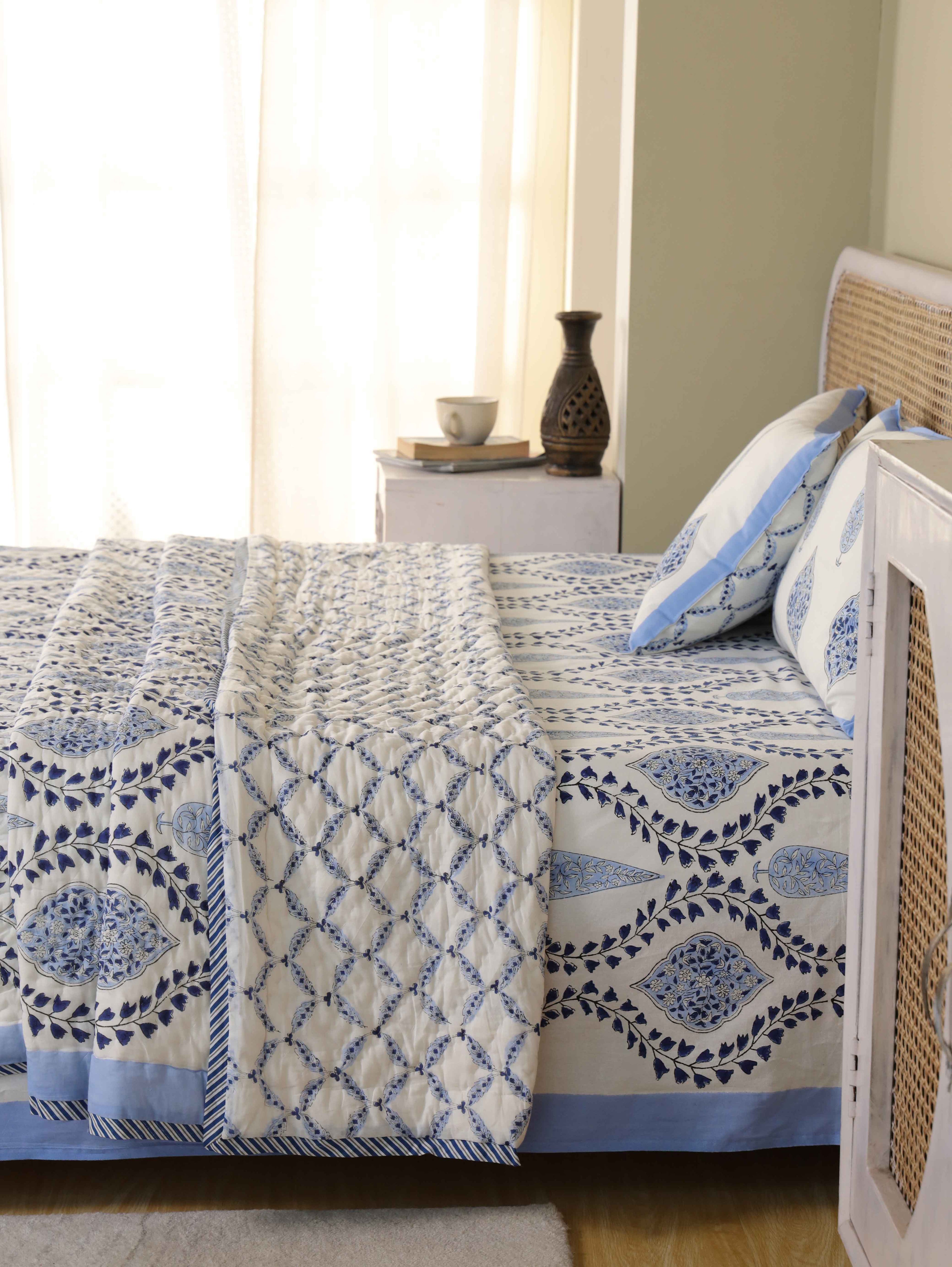 MUGHAL BLUE CHAIN HAND BLOCK PRINT 6-PICES BEDDING SET'S