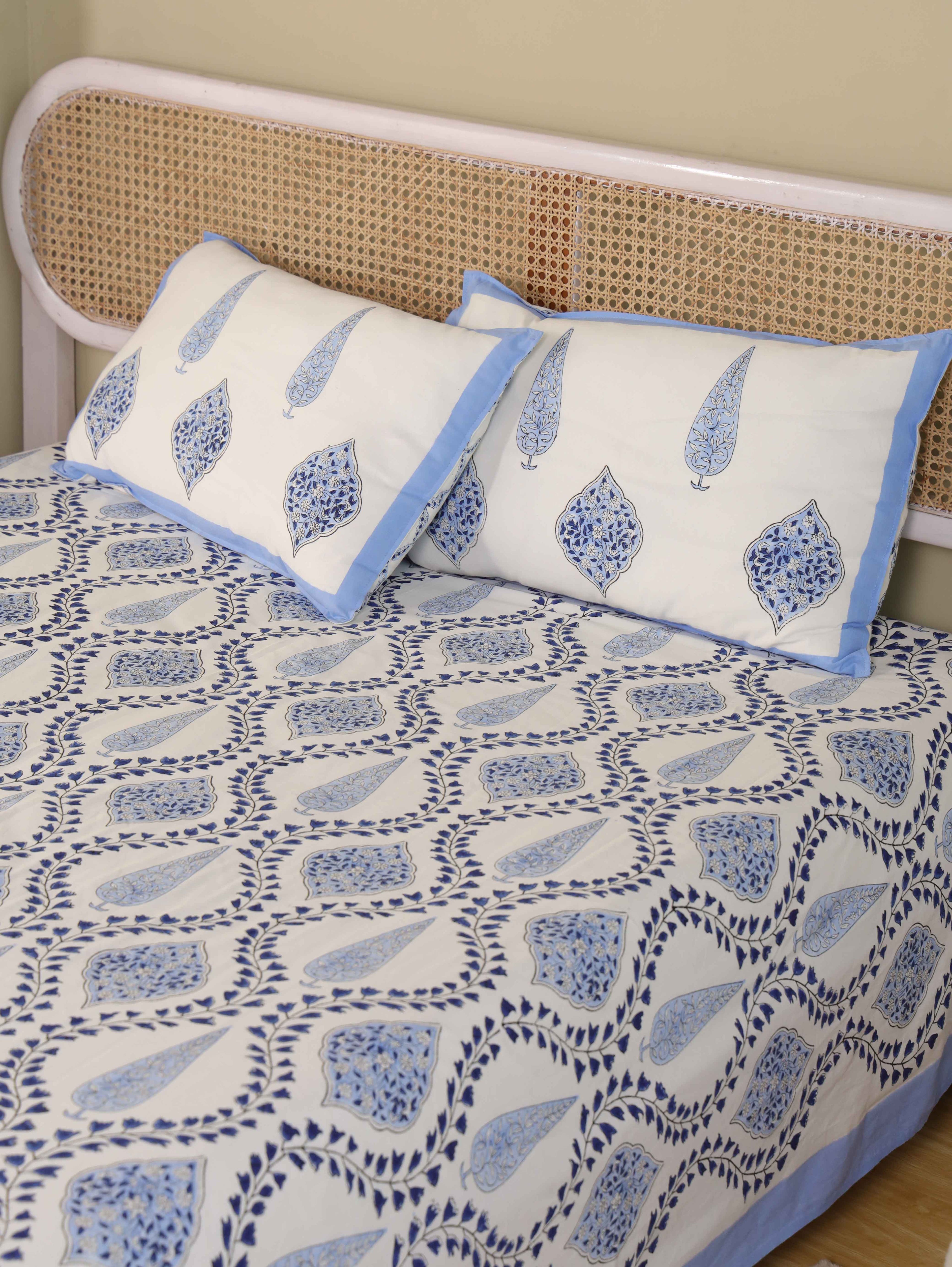 Hand Block Print Jaipuri Cotton Bedsheet With Two Reversible Pillow Cover