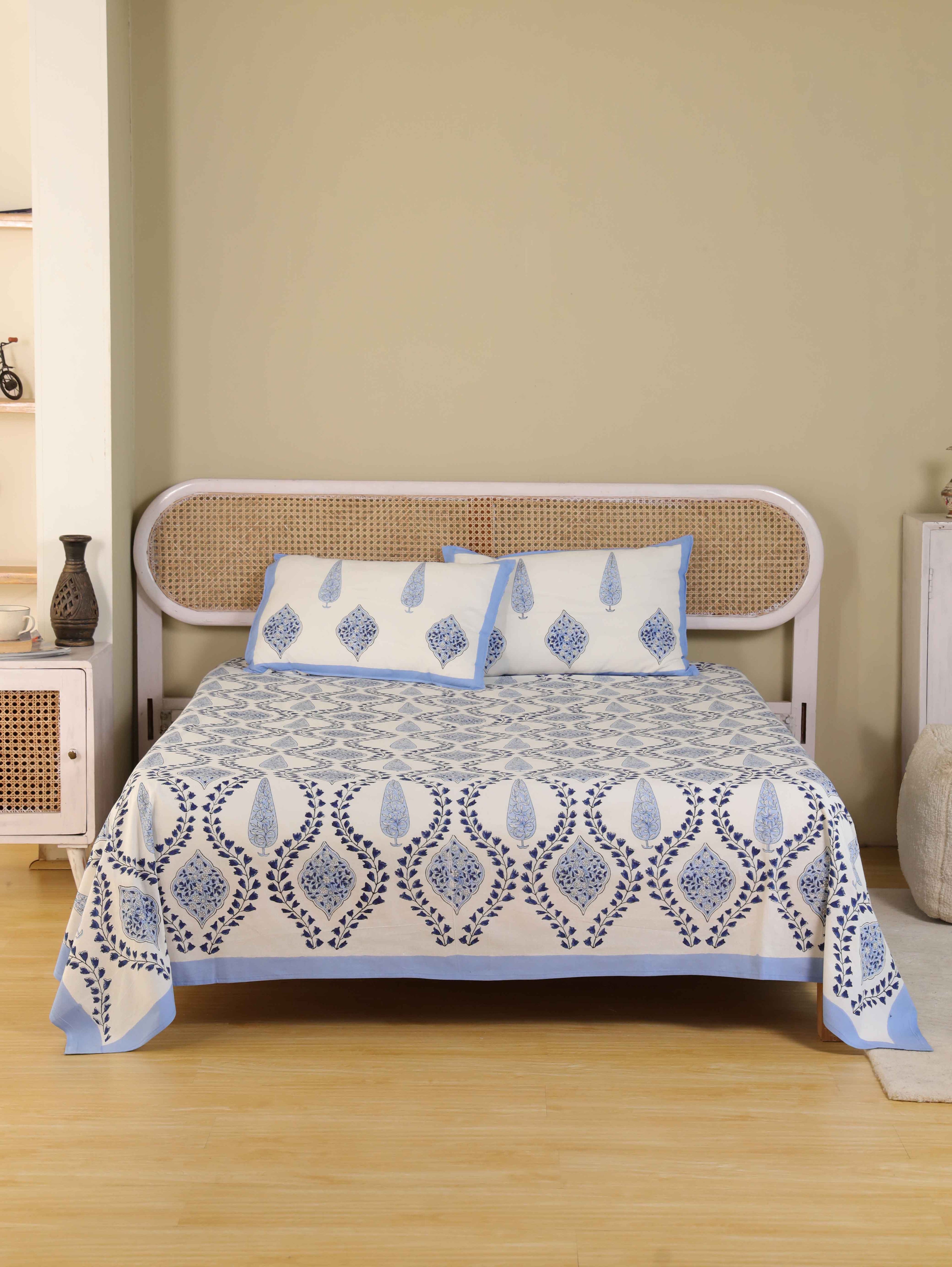 Hand Block Print Jaipuri Cotton Bedsheet With Two Reversible Pillow Cover