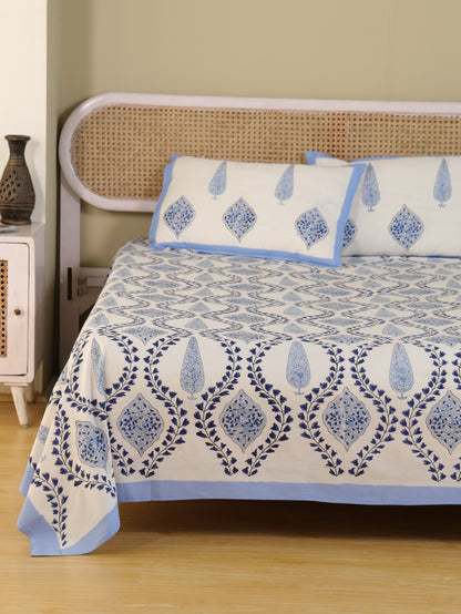 Hand Block Print Jaipuri Cotton Bedsheet With Two Reversible Pillow Cover