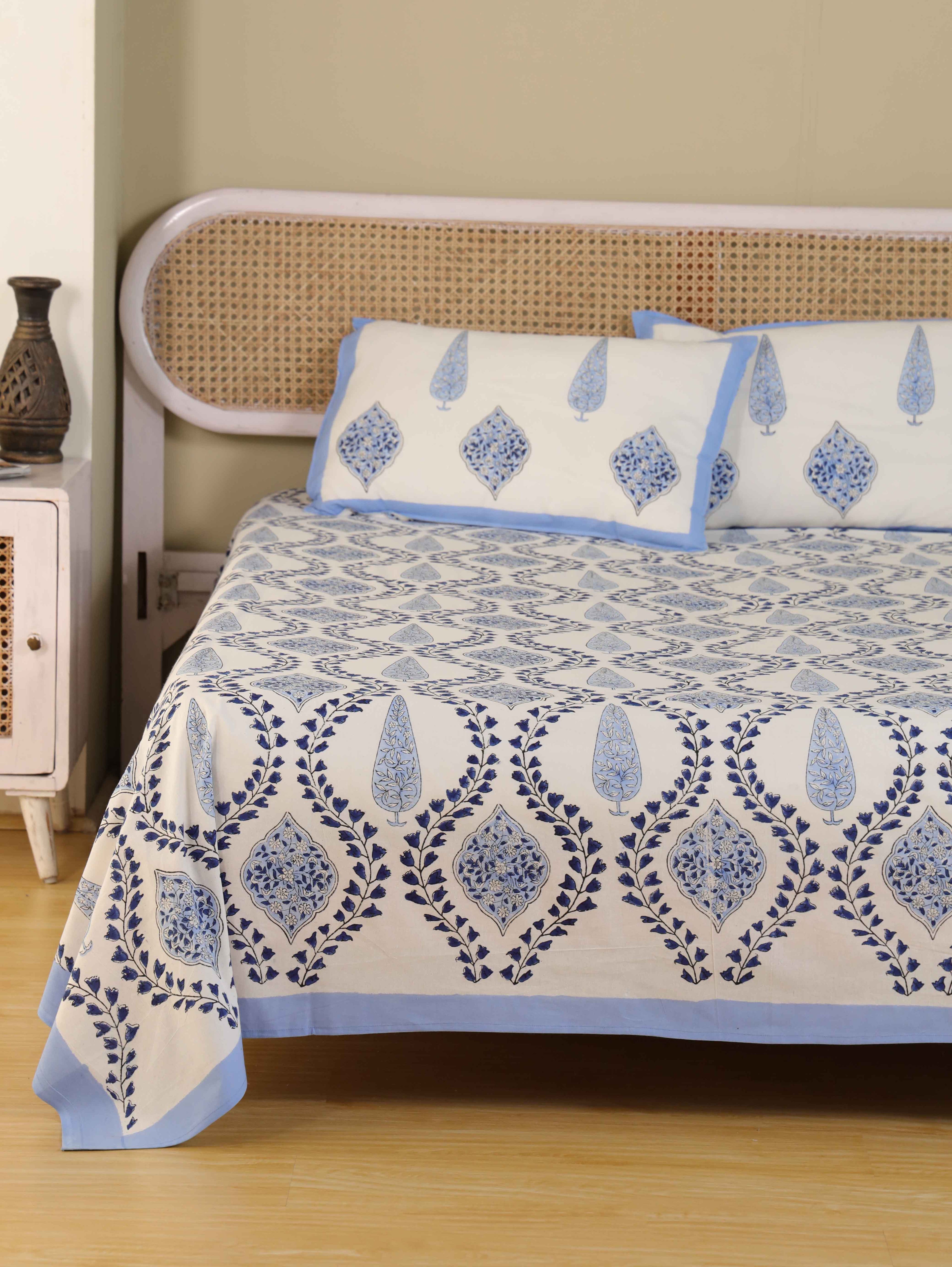 Hand Block Print Jaipuri Cotton Bedsheet With Two Reversible Pillow Cover