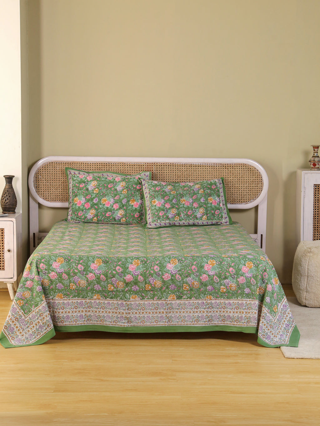 PACEFIC GREEN FOREST HAND BLOCK PRINT HAND BLOCK PRINT COTTON BEDSHEET WITH PILLOW COVER
