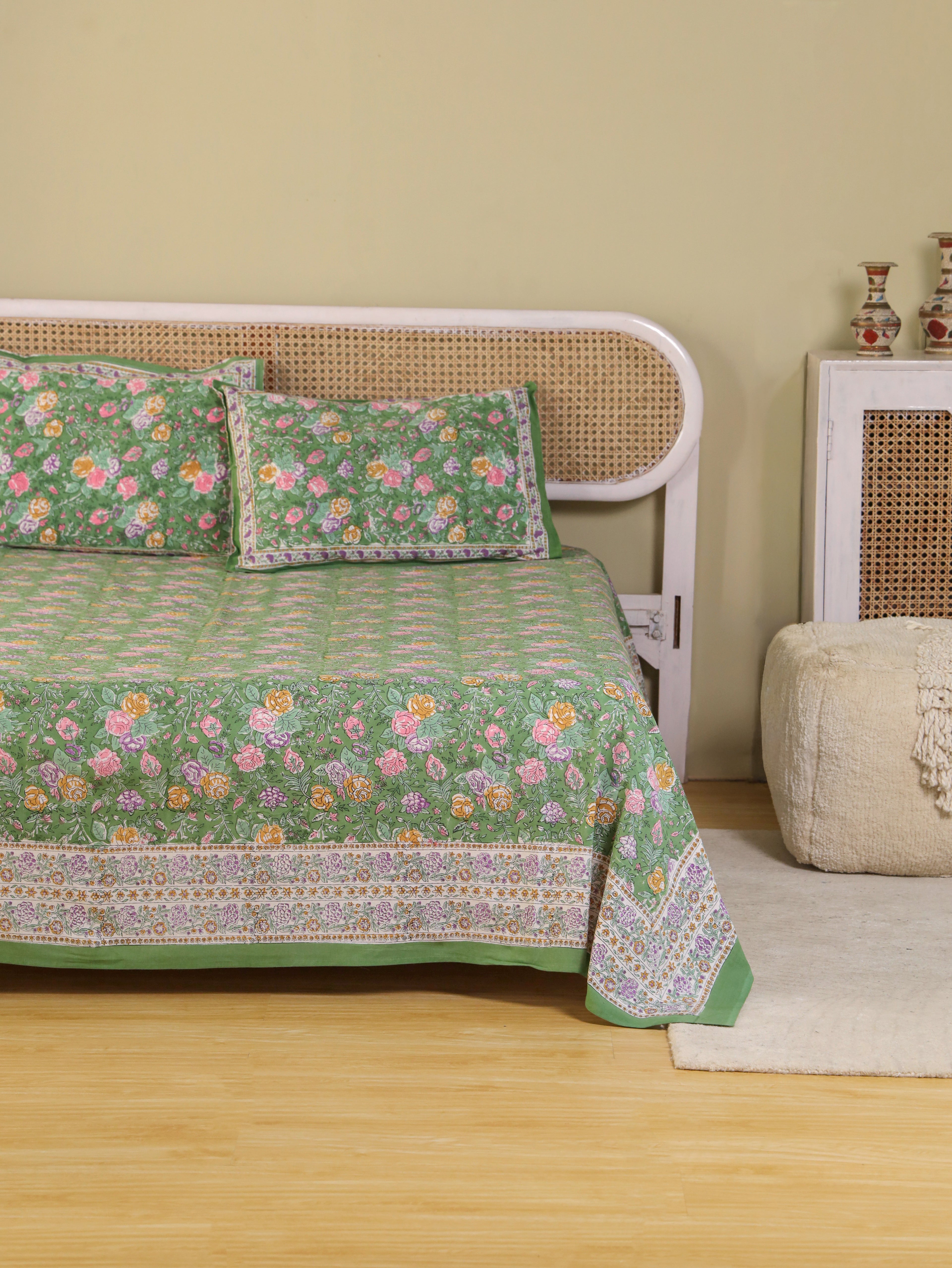 PACEFIC GREEN FOREST HAND BLOCK PRINT HAND BLOCK PRINT COTTON BEDSHEET WITH PILLOW COVER